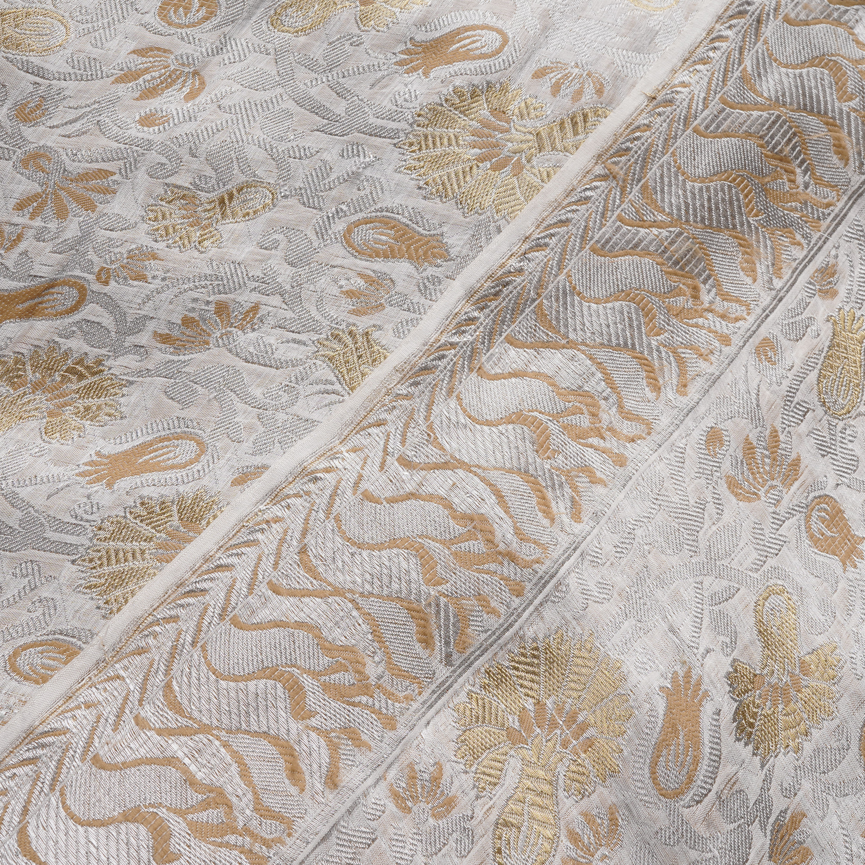Aangan-e-Shahi – Pure Katan Atlas (Mughal Pattern | 3-Color Thread | Golden & Silver Zari)