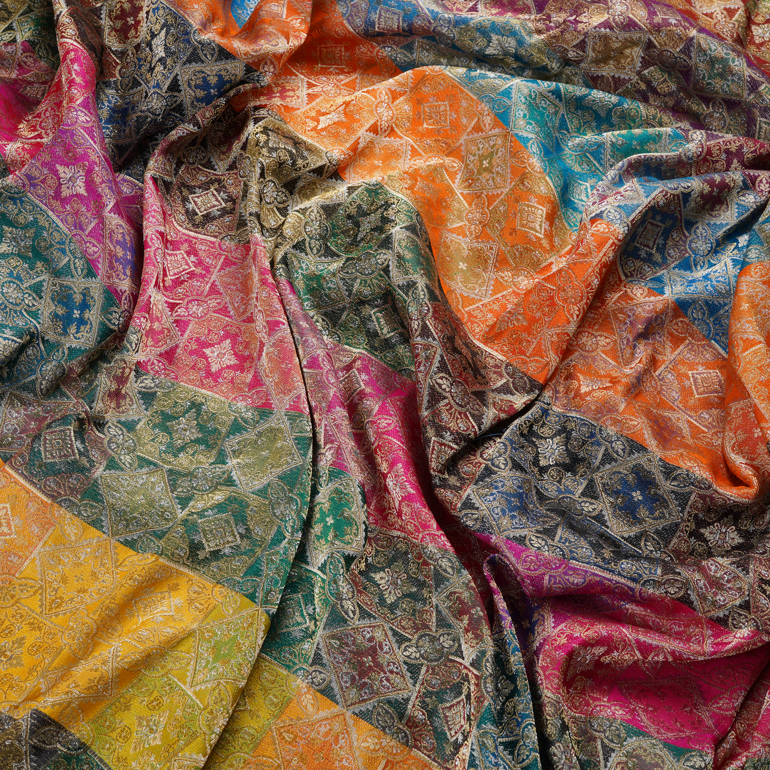 Rangmahal – Pure Katan Satin Multicolor Threads with Gold & Silver Zari (Limited Edition)