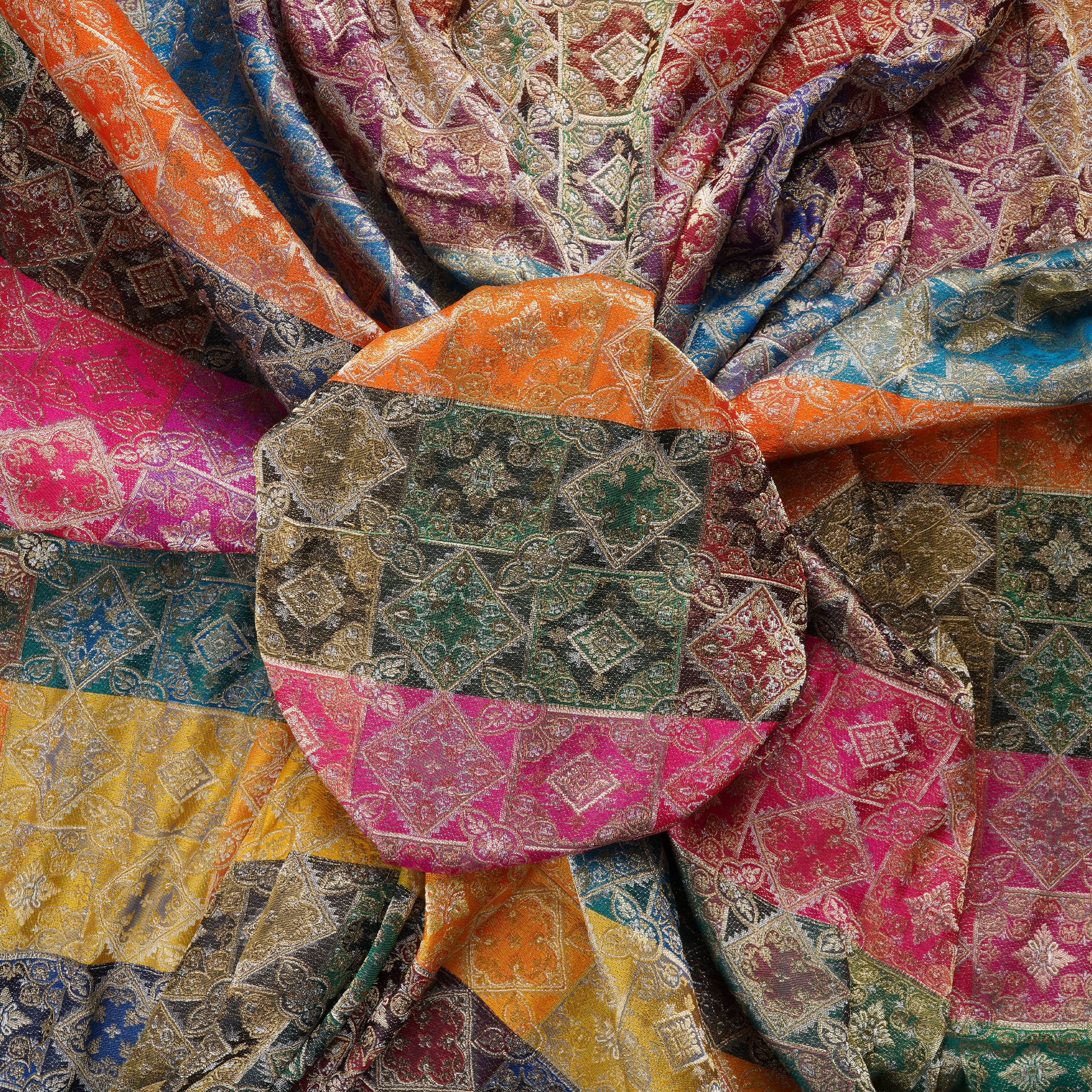 Rangmahal – Pure Katan Satin Multicolor Threads with Gold & Silver Zari (Limited Edition)