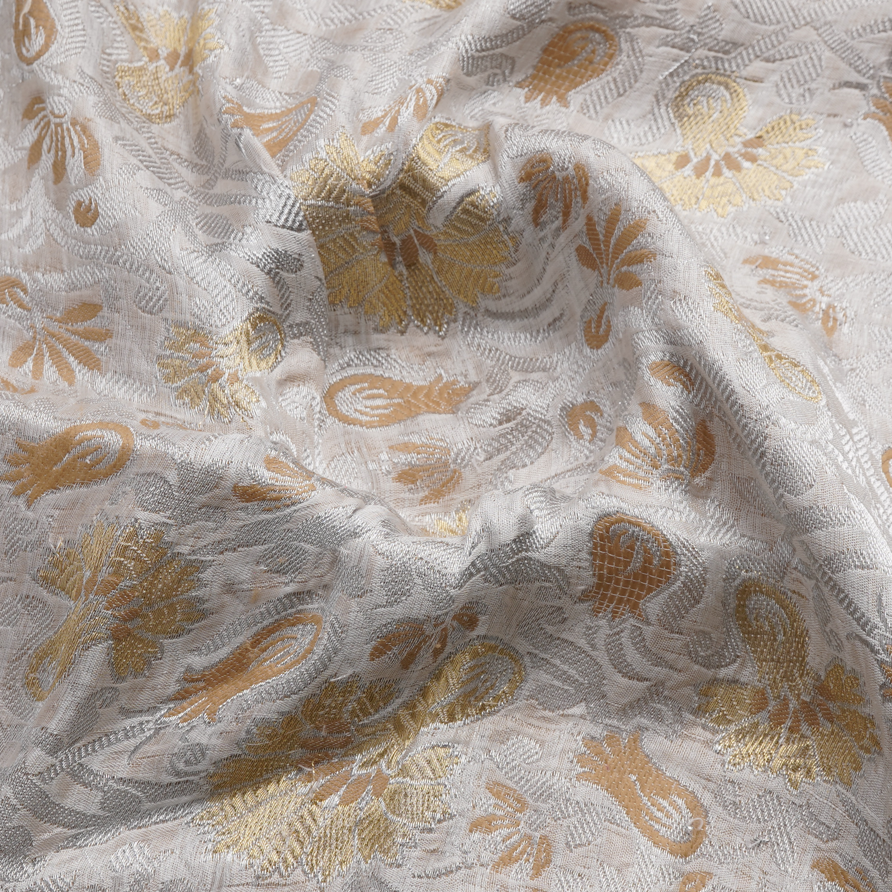 Aangan-e-Shahi – Pure Katan Atlas (Mughal Pattern | 3-Color Thread | Golden & Silver Zari)