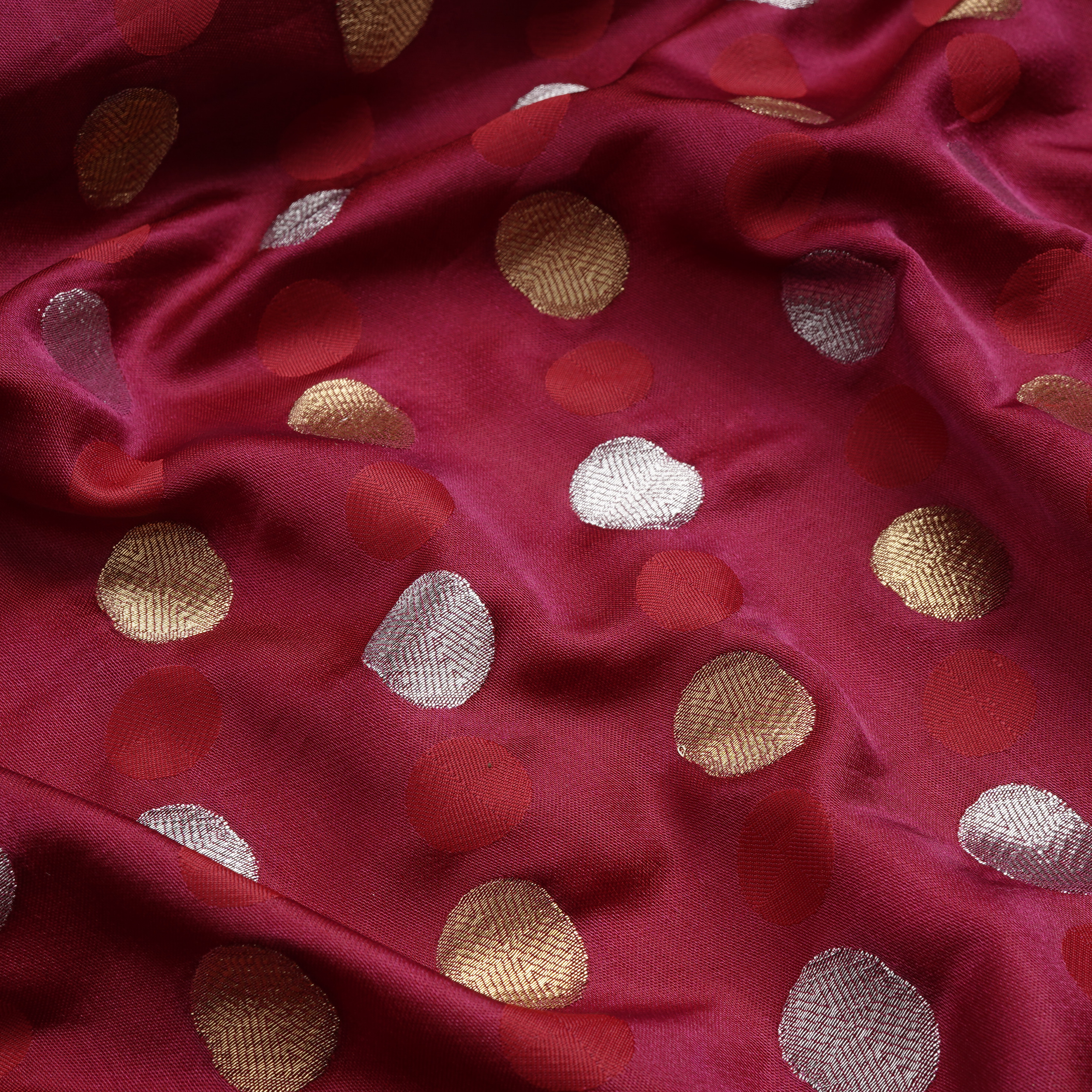 Sikra – Satin Jamawar Fabric with Circular Coin Motif (Golden & Silver Zari)