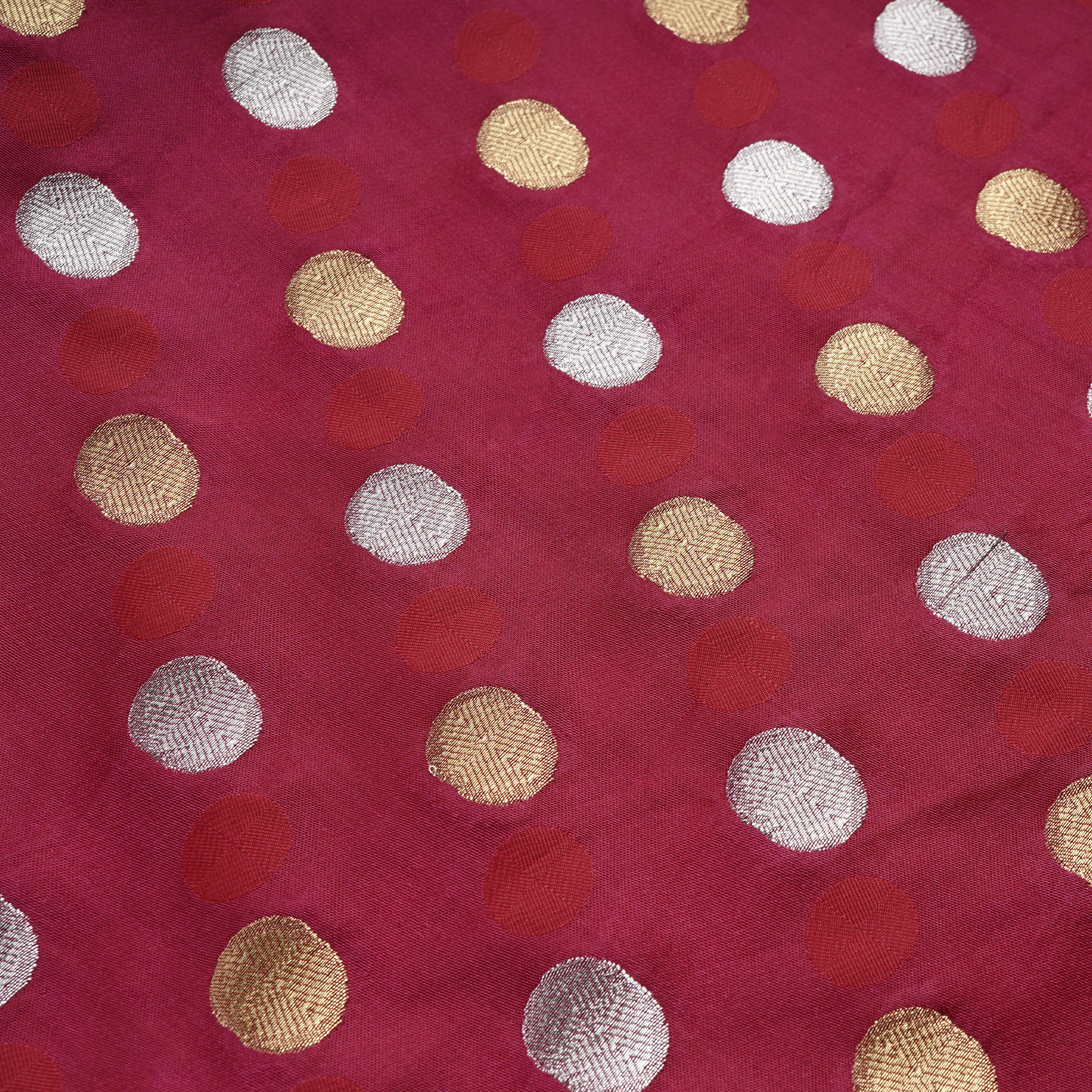 Sikra – Satin Jamawar Fabric with Circular Coin Motif (Golden & Silver Zari)