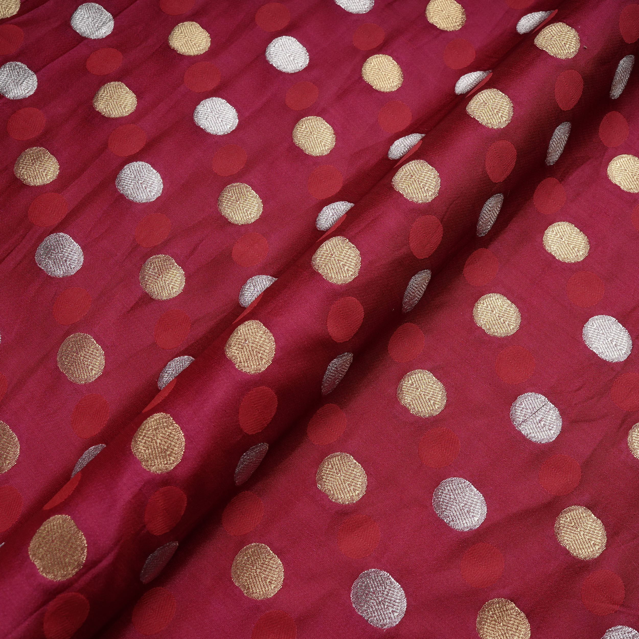 Sikra – Satin Jamawar Fabric with Circular Coin Motif (Golden & Silver Zari)