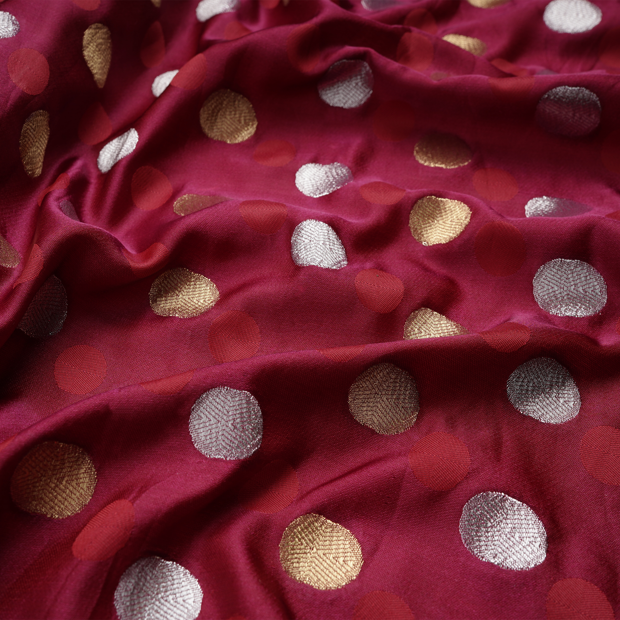 Sikra – Satin Jamawar Fabric with Circular Coin Motif (Golden & Silver Zari)