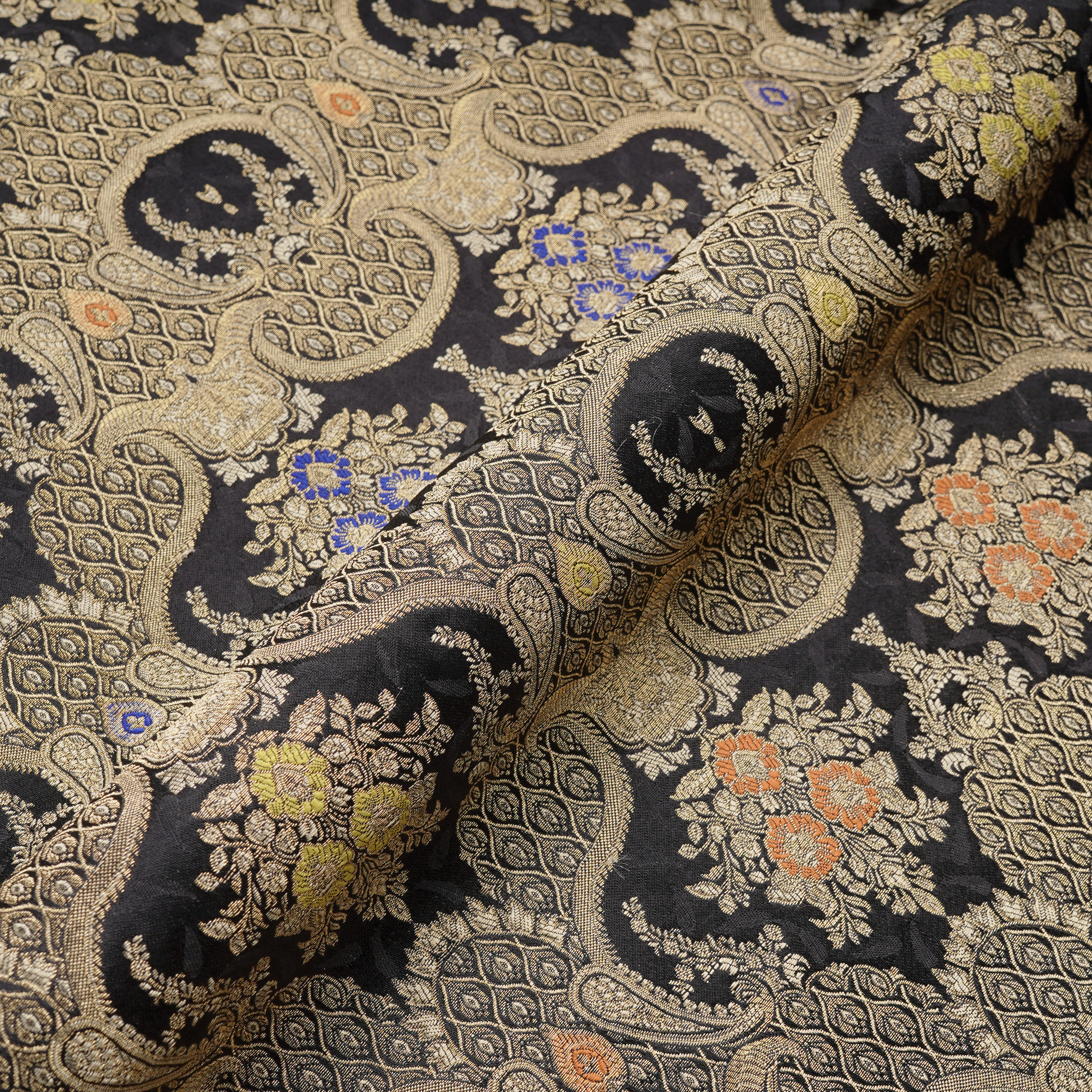 Baad-e-Gulshan – Pure Katan Satin (5-Color Thread | Mughal Pattern with Golden Zari)