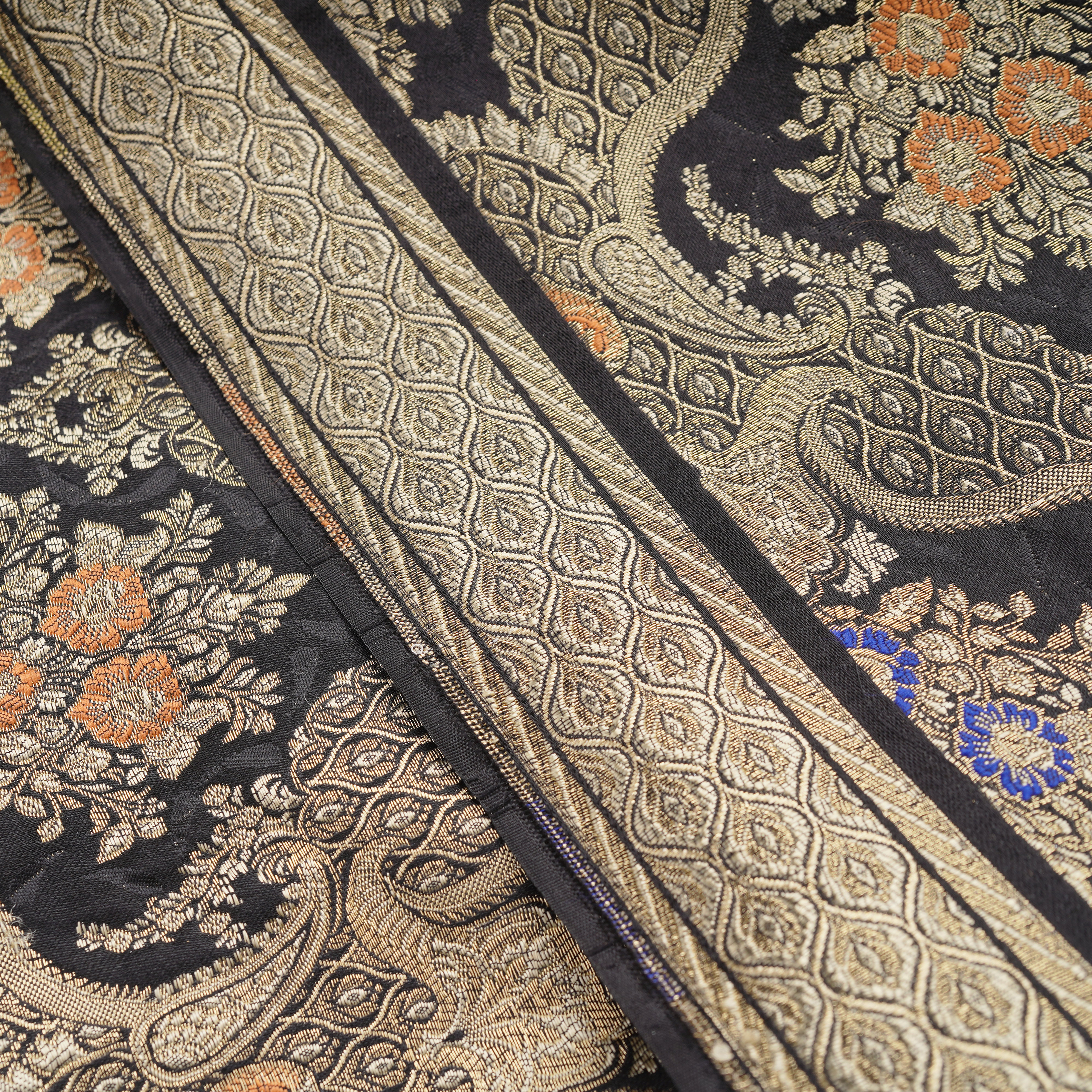 Baad-e-Gulshan – Pure Katan Satin (5-Color Thread | Mughal Pattern with Golden Zari)