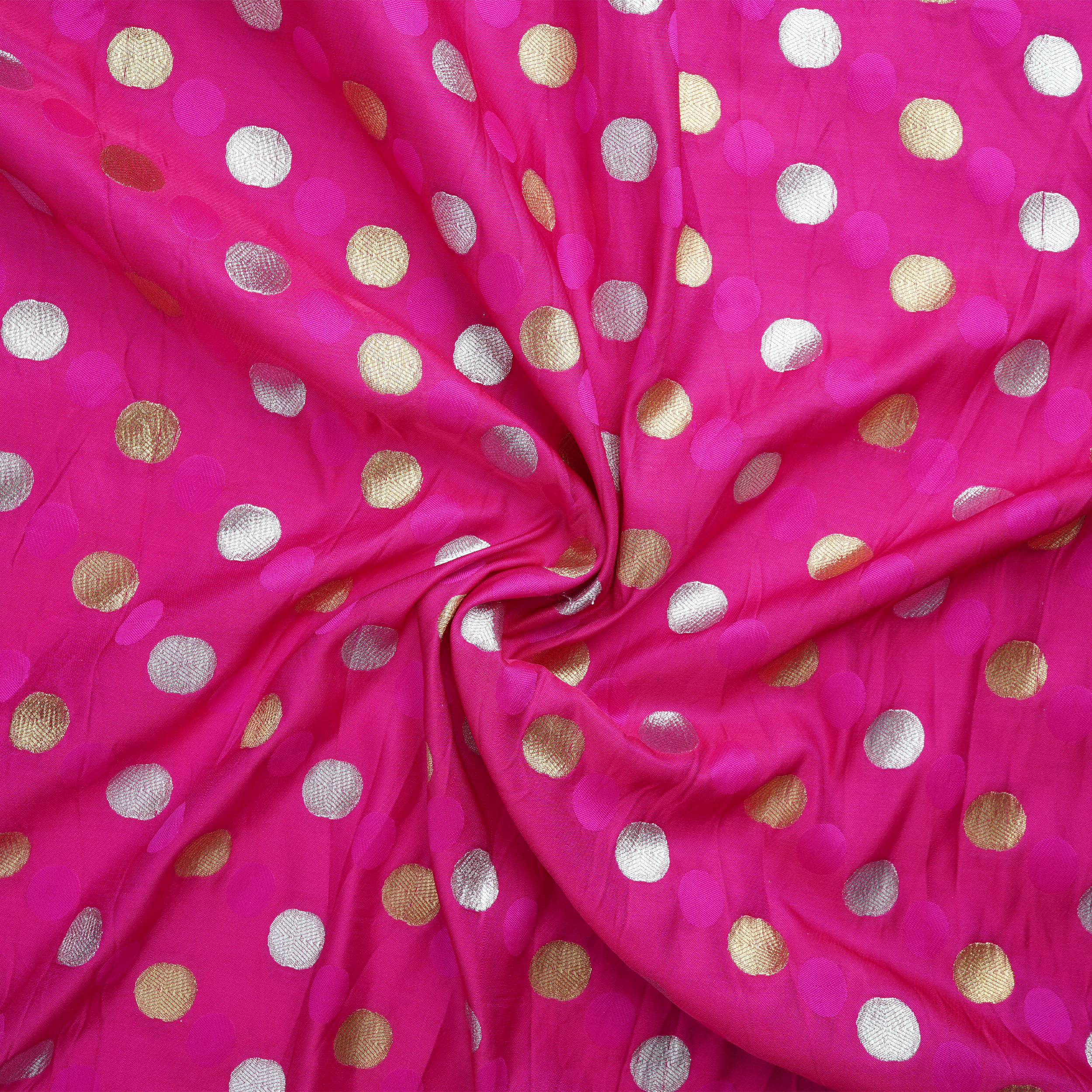 Sikra – Satin Jamawar Fabric with Circular Coin Motif (Golden & Silver Zari)