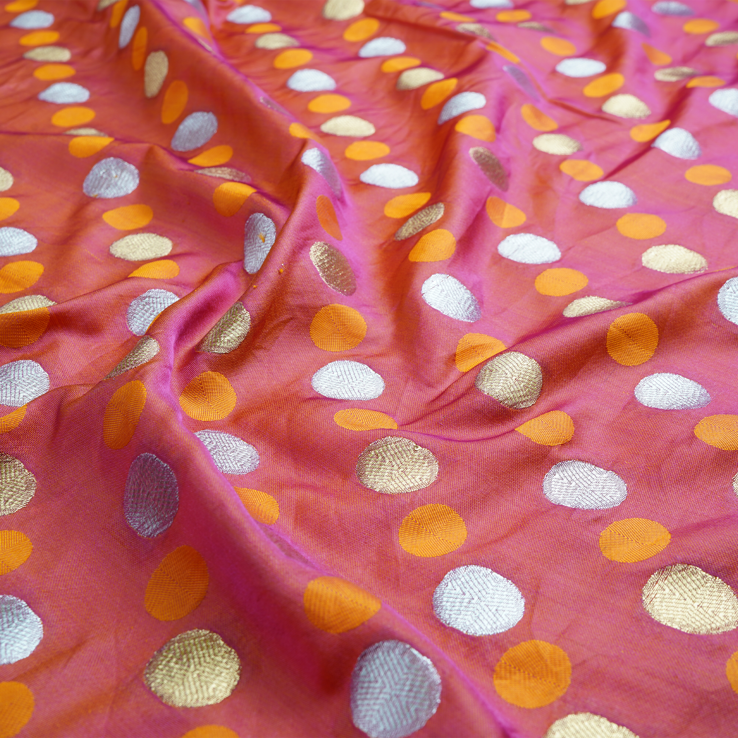 Sikra – Satin Jamawar Fabric with Circular Coin Motif (Golden & Silver Zari)