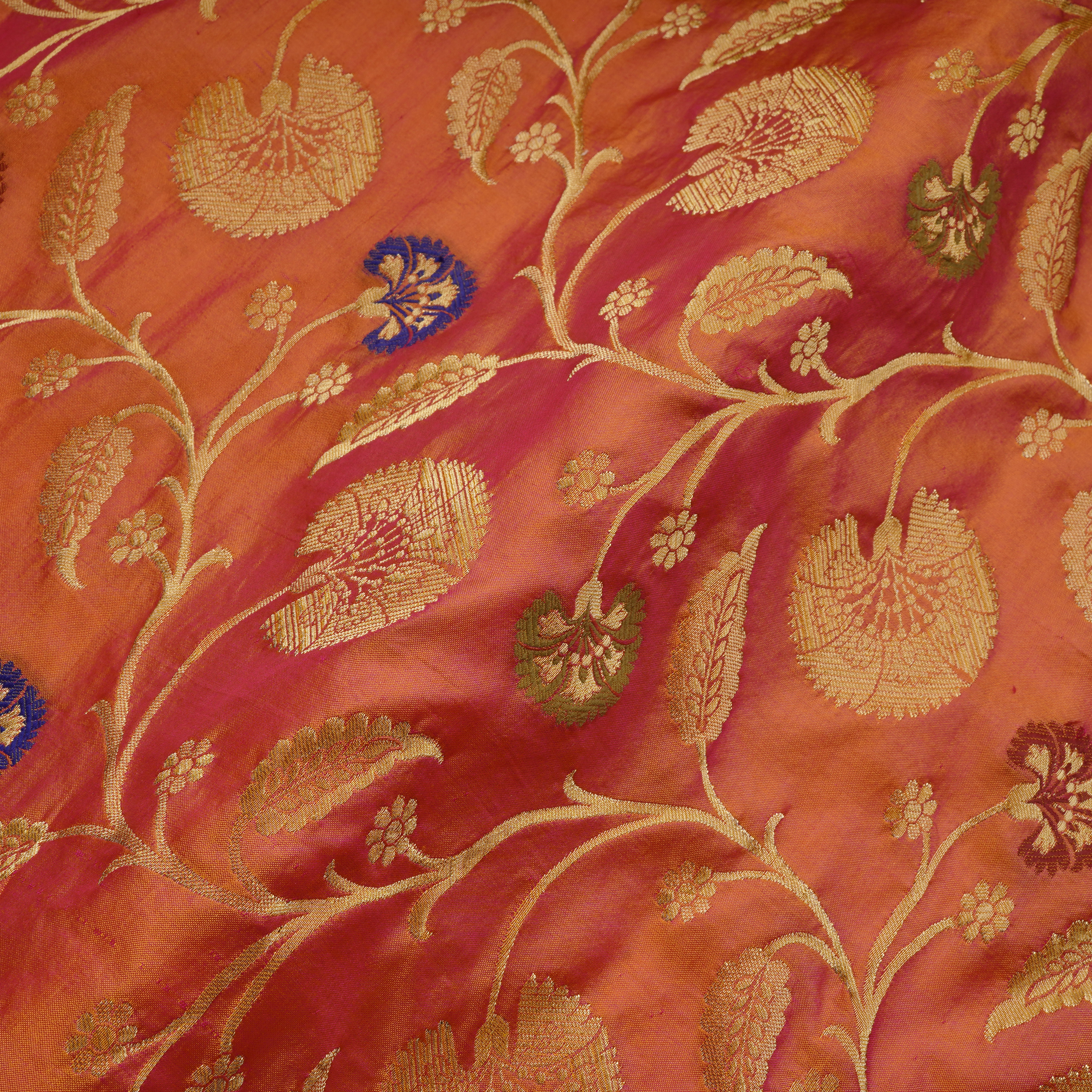 Gulbadan – Pure Indian Katan (Dual Tone | Floral Pattern | 4-Color Thread | Golden Zari)