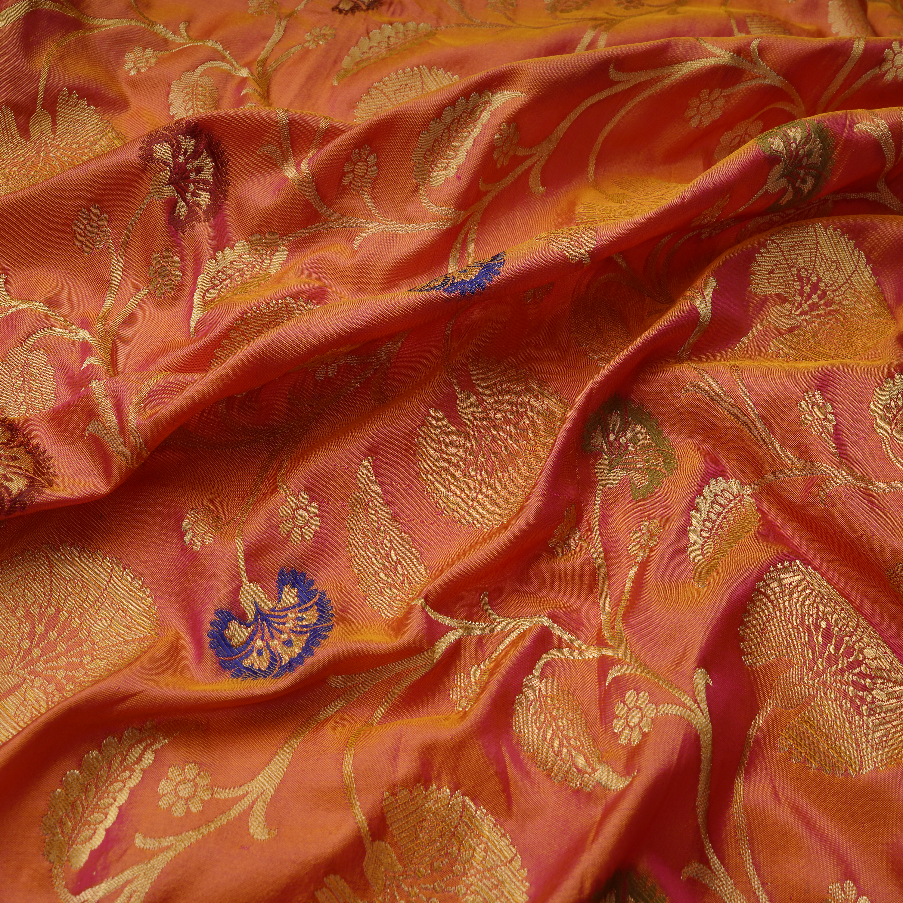 Gulbadan – Pure Indian Katan (Dual Tone | Floral Pattern | 4-Color Thread | Golden Zari)