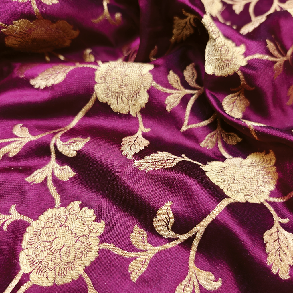 Lams-e-Noor – Pure Katan Satin Silk Floral Jaal Fabric