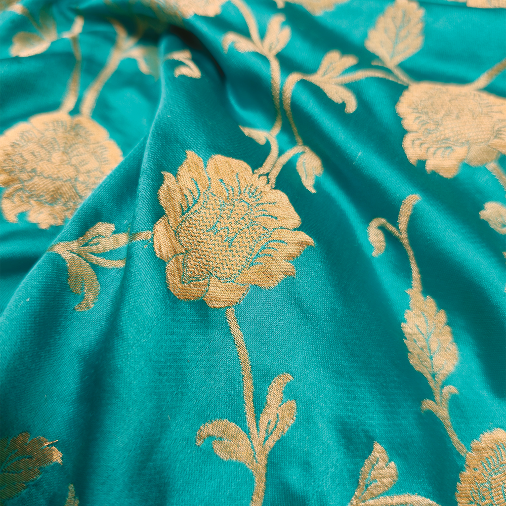 Lams-e-Noor – Pure Katan Satin Silk Floral Jaal Fabric