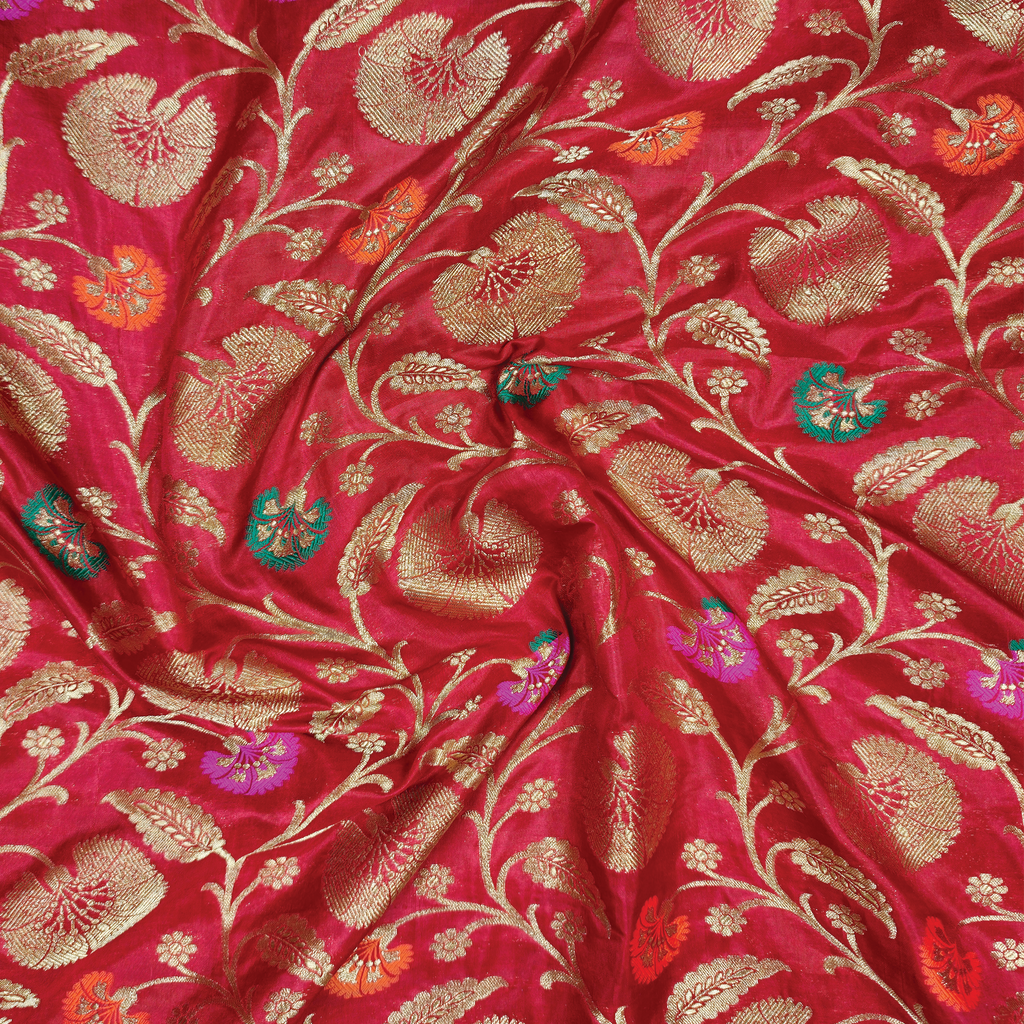Guljaal-e-Khaalis (Red) – Pure Katan Silk Floral Jaal