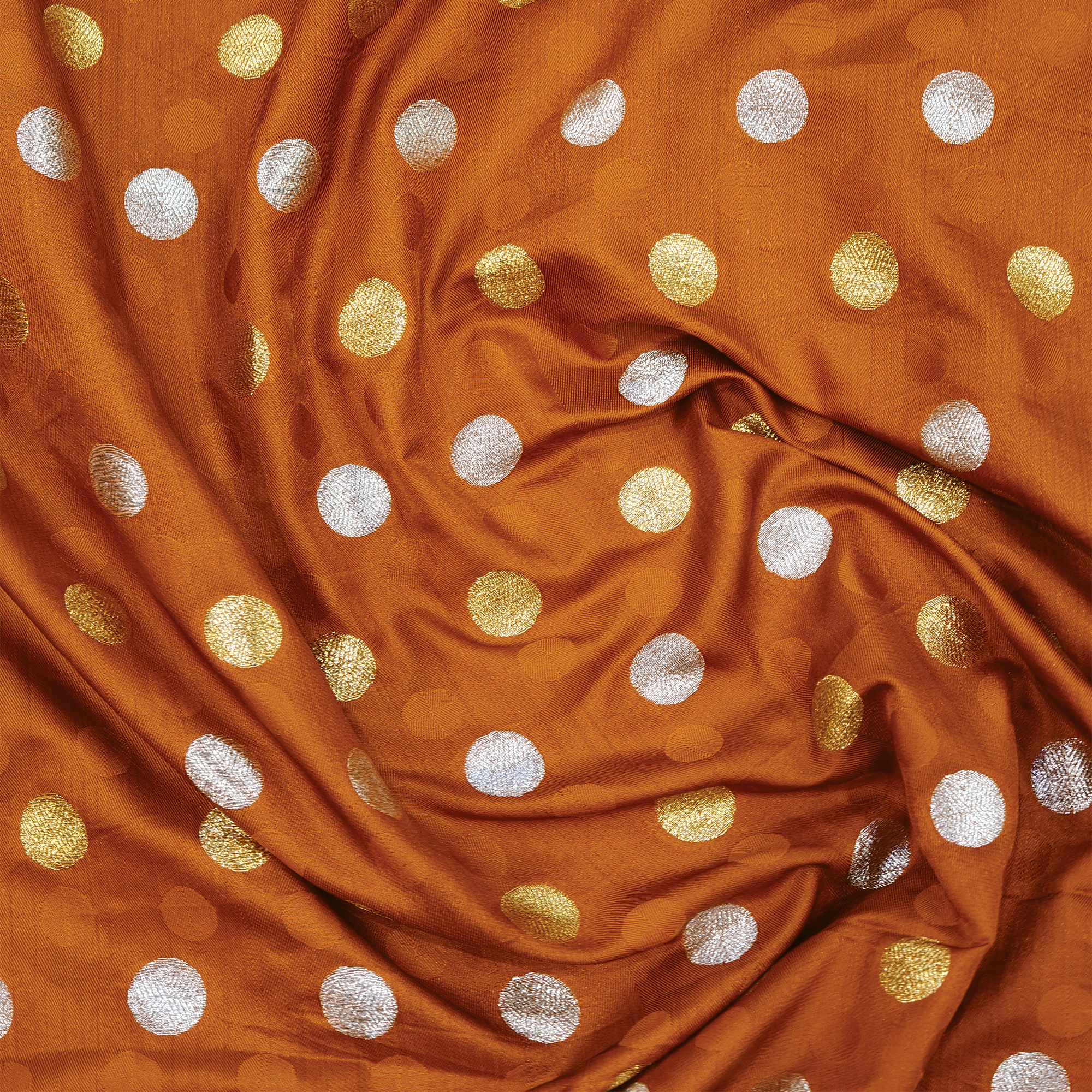 Sikra – Satin Jamawar Fabric with Circular Coin Motif (Golden & Silver Zari)