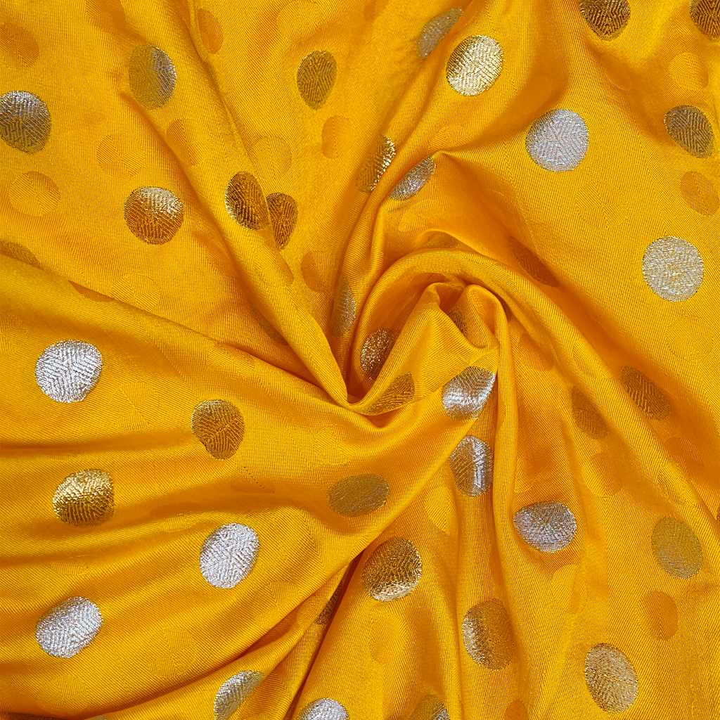 Sikra – Satin Jamawar Fabric with Circular Coin Motif (Golden & Silver Zari)