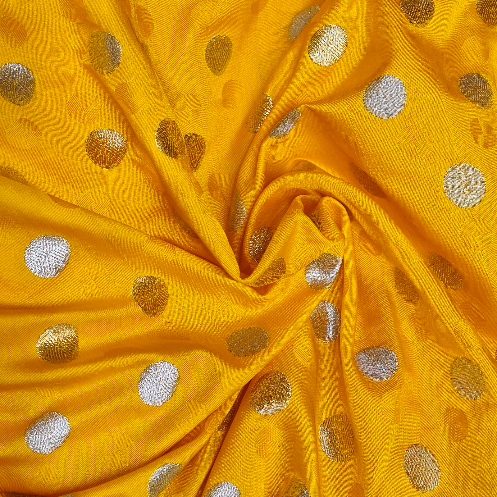 Sikra – Satin Jamawar Fabric with Circular Coin Motif (Golden & Silver Zari)