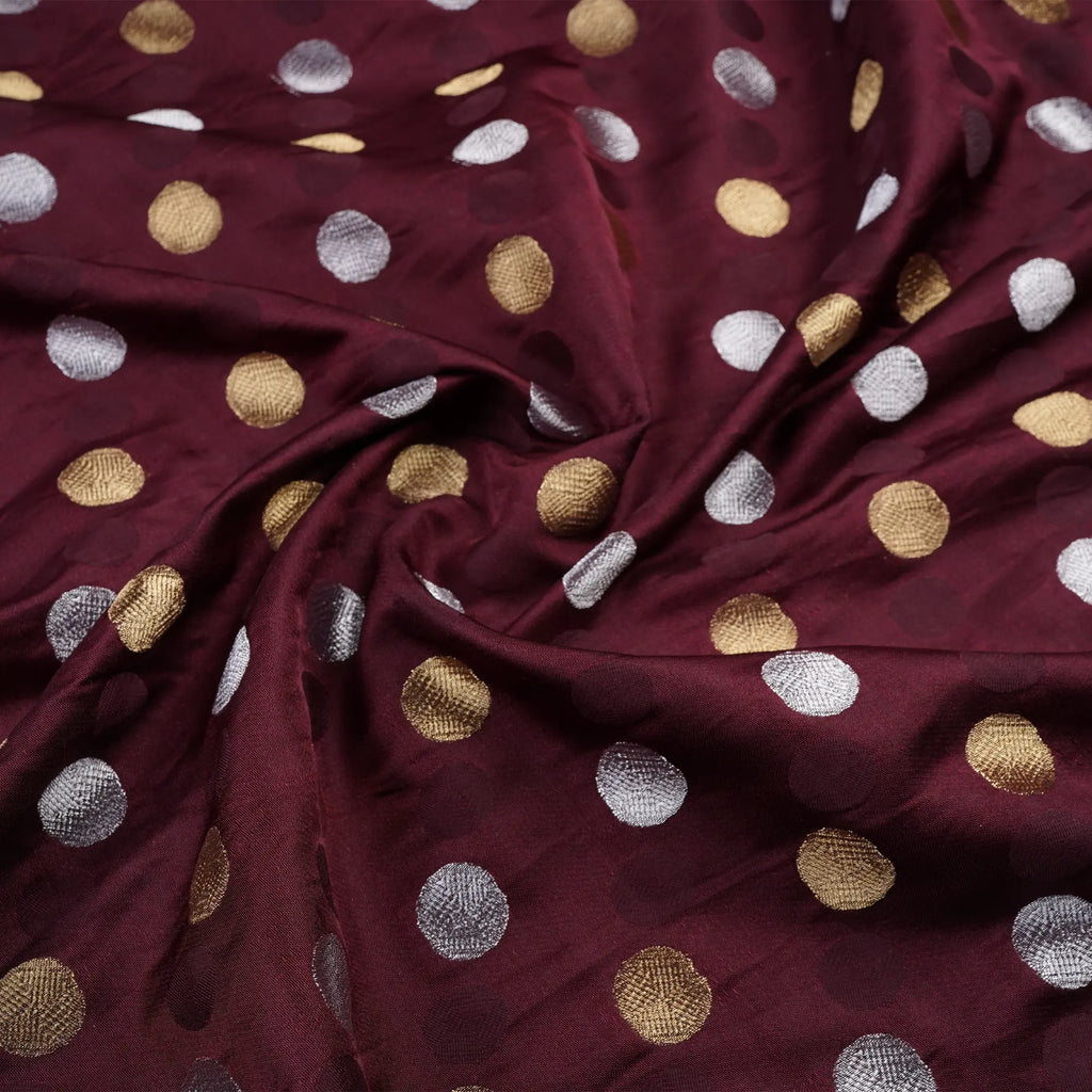 Sikra – Satin Jamawar Fabric with Circular Coin Motif (Golden & Silver Zari) Zahra Maham