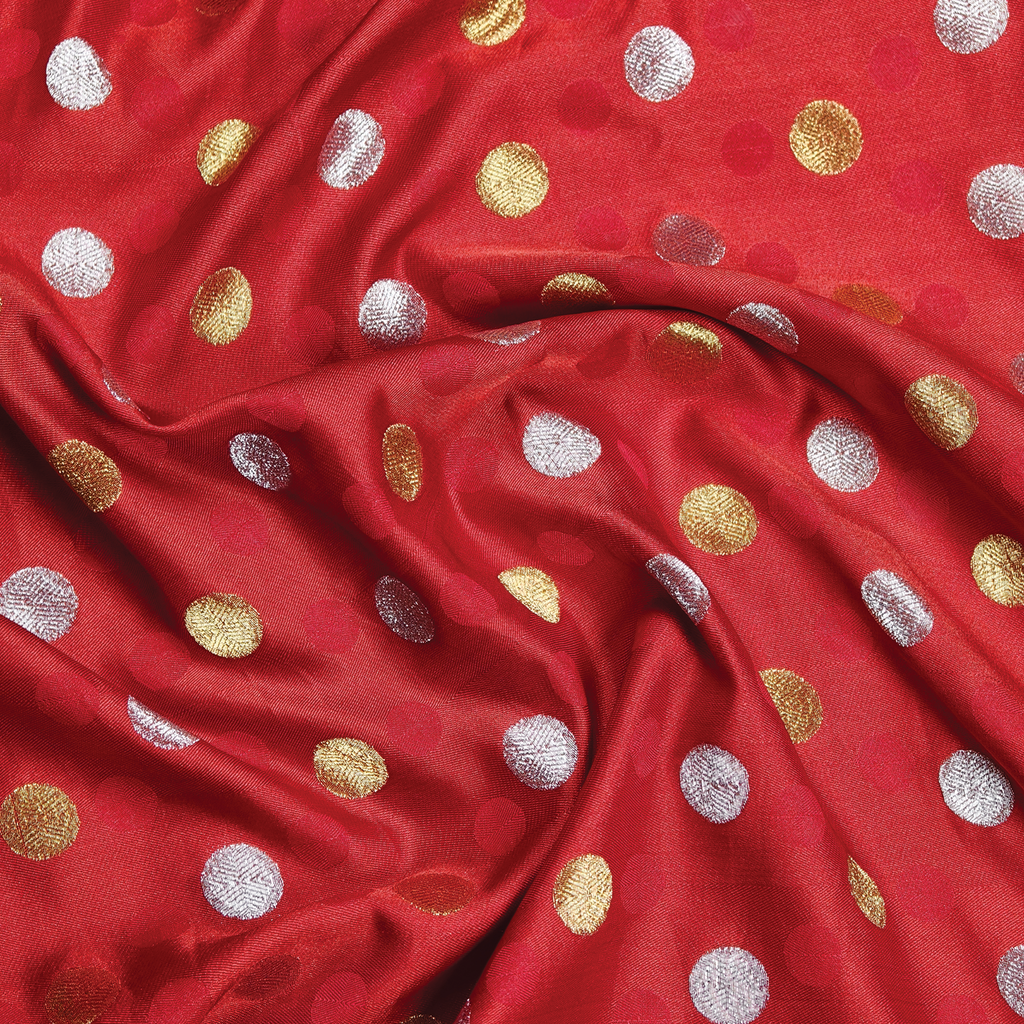 Sikra – Satin Jamawar Fabric with Circular Coin Motif (Golden & Silver Zari)