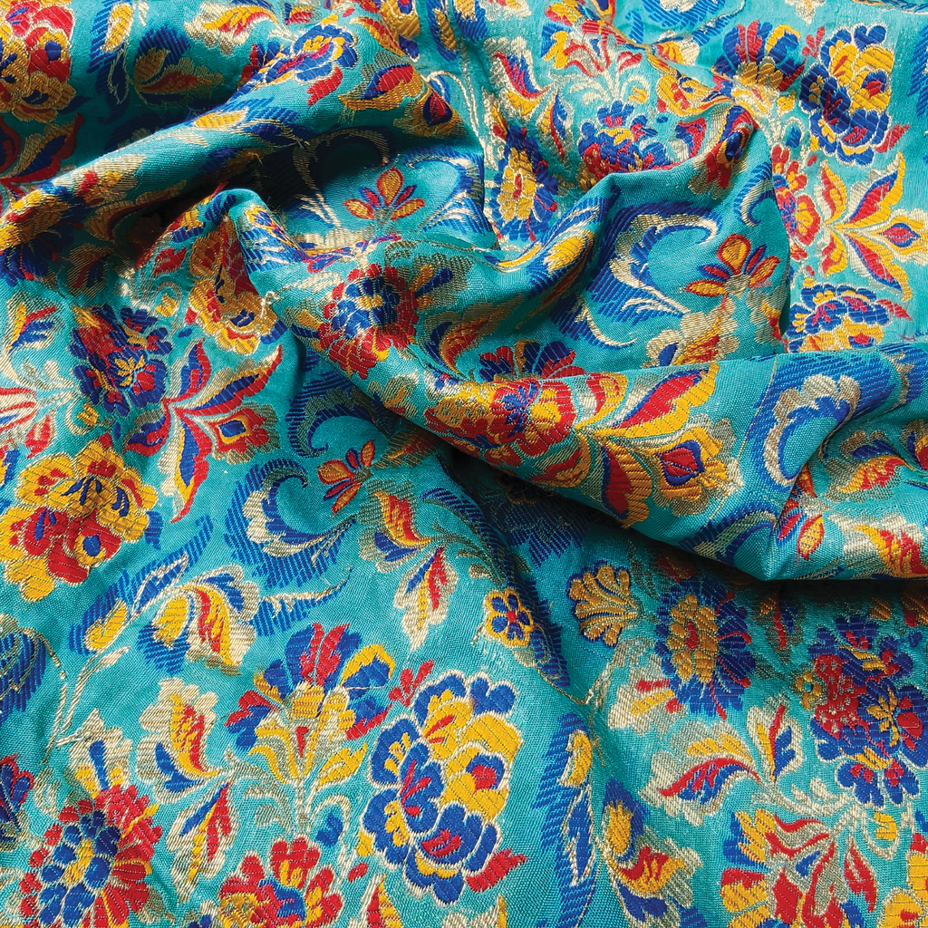 Gulistan – Satin Jamawar with Indigo Floral Borders