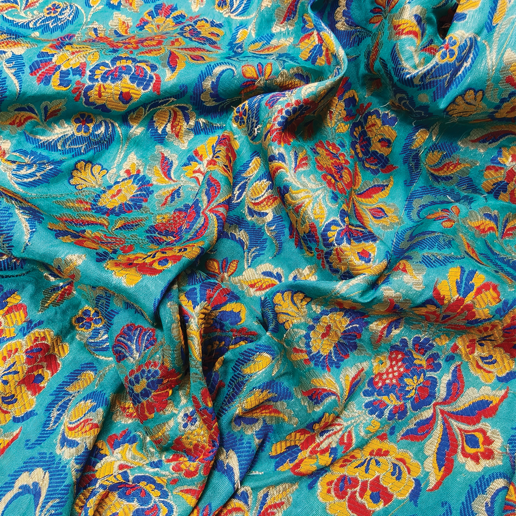 Gulistan – Satin Jamawar with Indigo Floral Borders