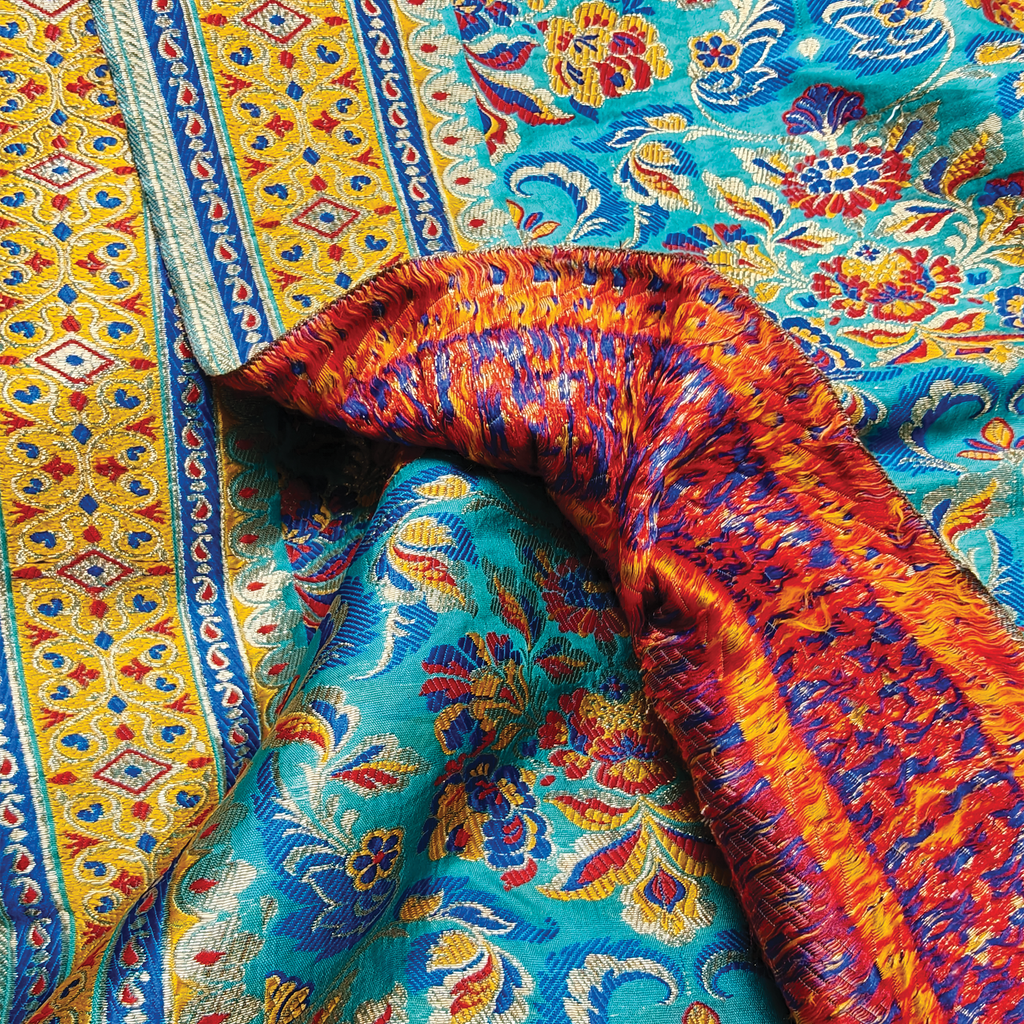 Gulistan – Satin Jamawar with Indigo Floral Borders