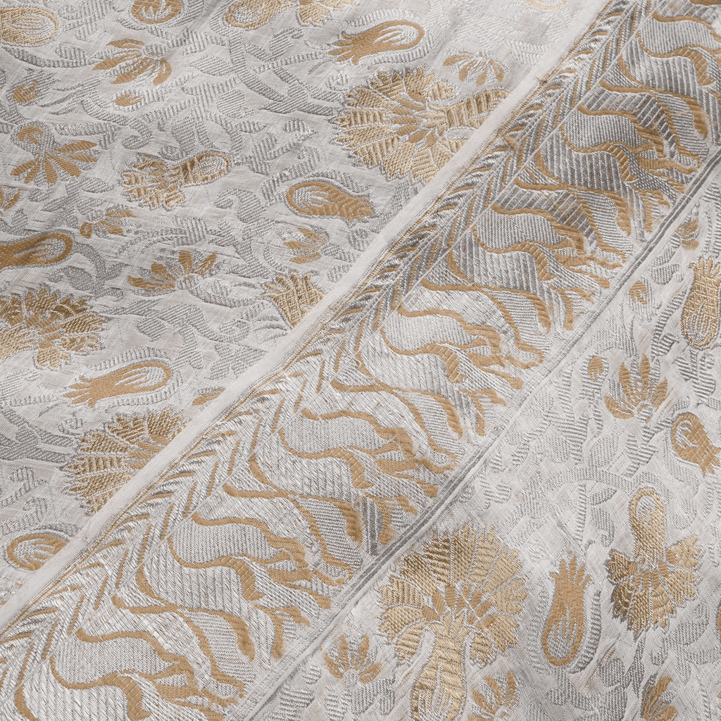 Aangan-e-Shahi – Pure Katan Atlas (Mughal Pattern | 3-Color Thread | Golden & Silver Zari) - Zahra Maham