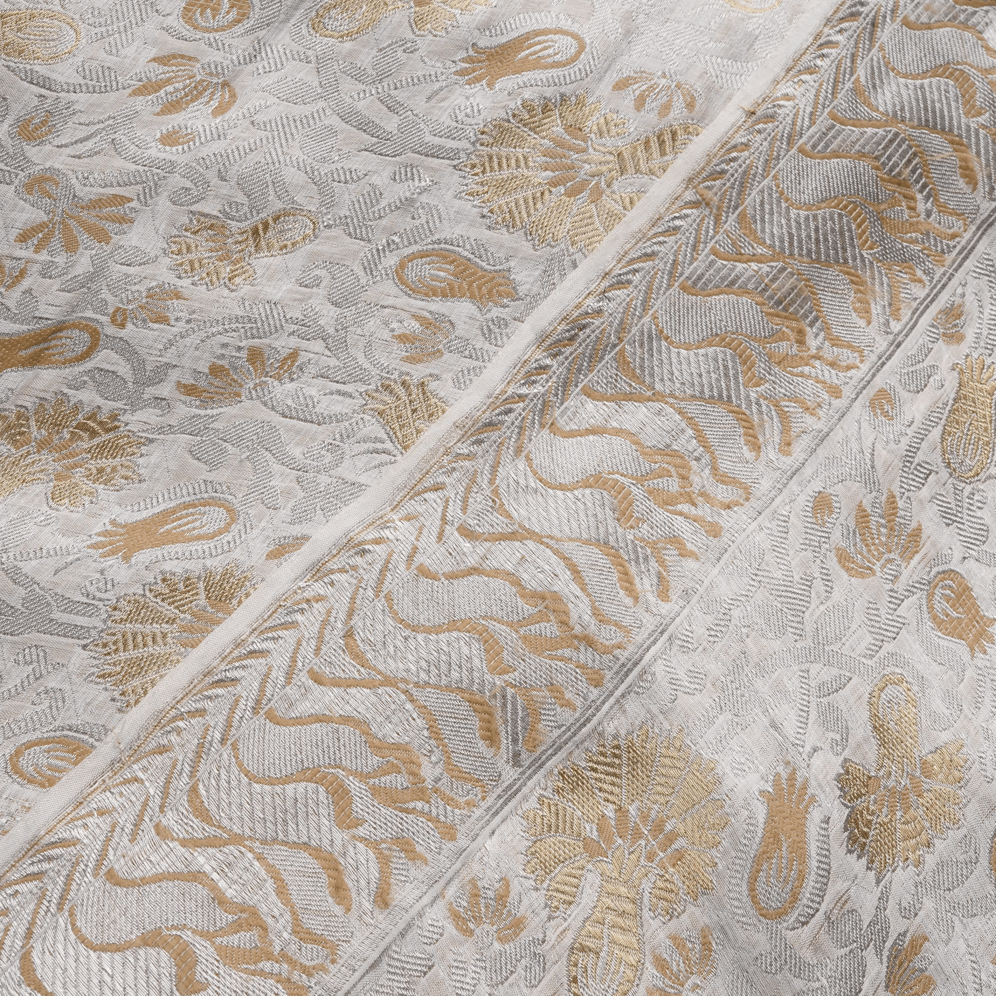 Aangan-e-Shahi – Pure Katan Atlas (Mughal Pattern | 3-Color Thread | Golden & Silver Zari) - Zahra Maham