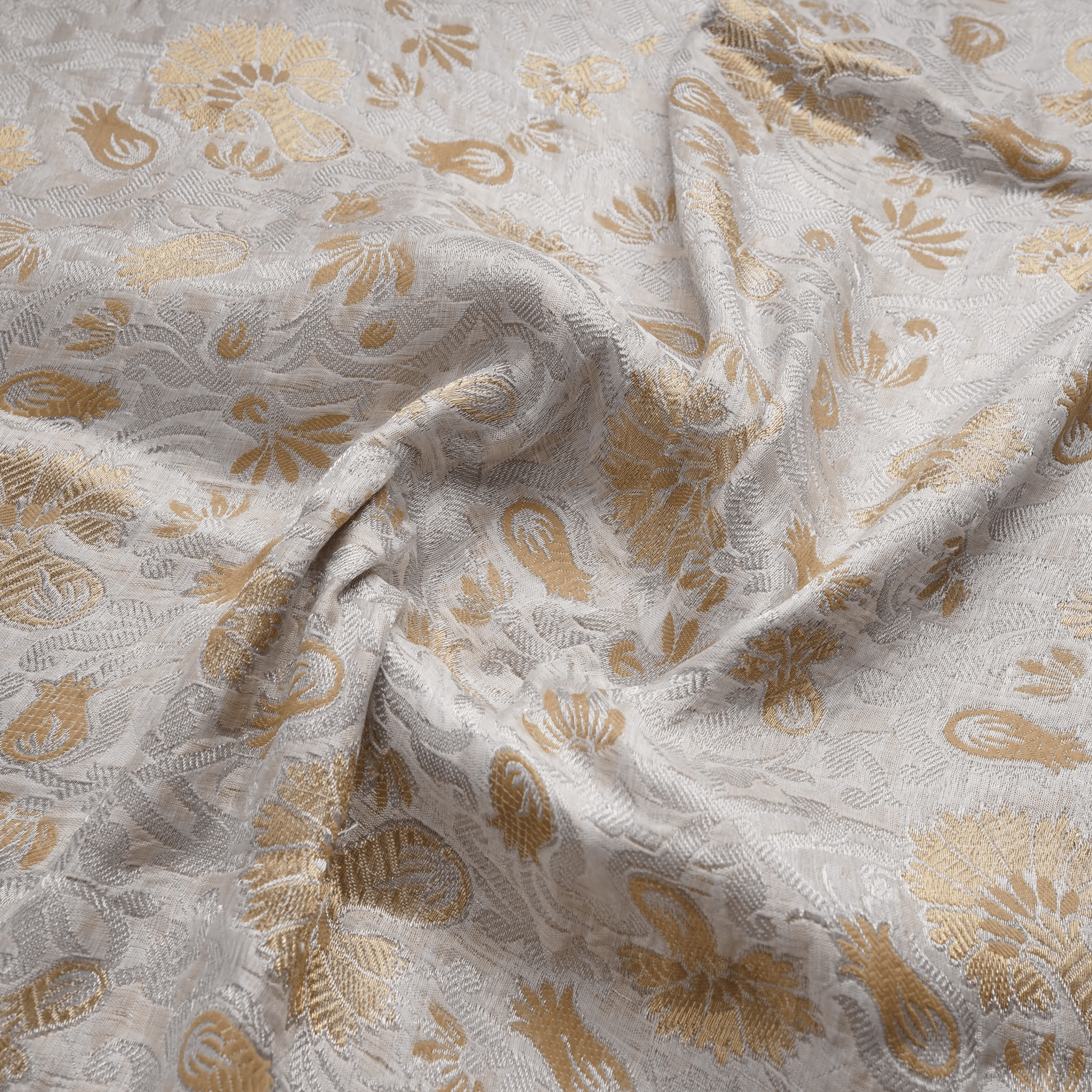 Aangan-e-Shahi – Pure Katan Atlas (Mughal Pattern | 3-Color Thread | Golden & Silver Zari) - Zahra Maham