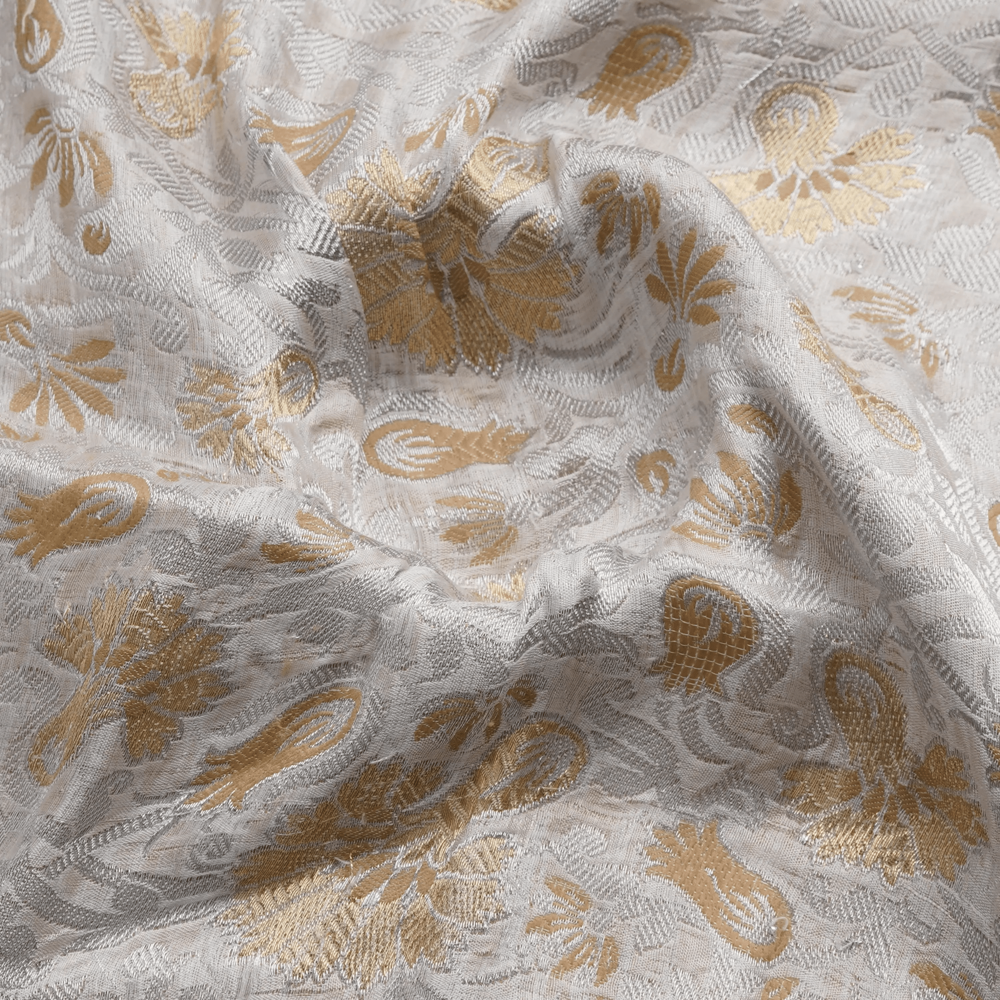 Aangan-e-Shahi – Pure Katan Atlas (Mughal Pattern | 3-Color Thread | Golden & Silver Zari) - Zahra Maham