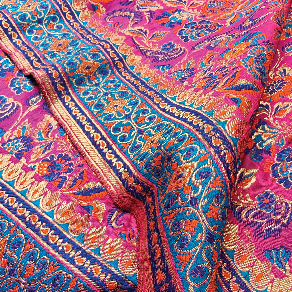 Gulistan – Satin Jamawar with Indigo Floral Borders