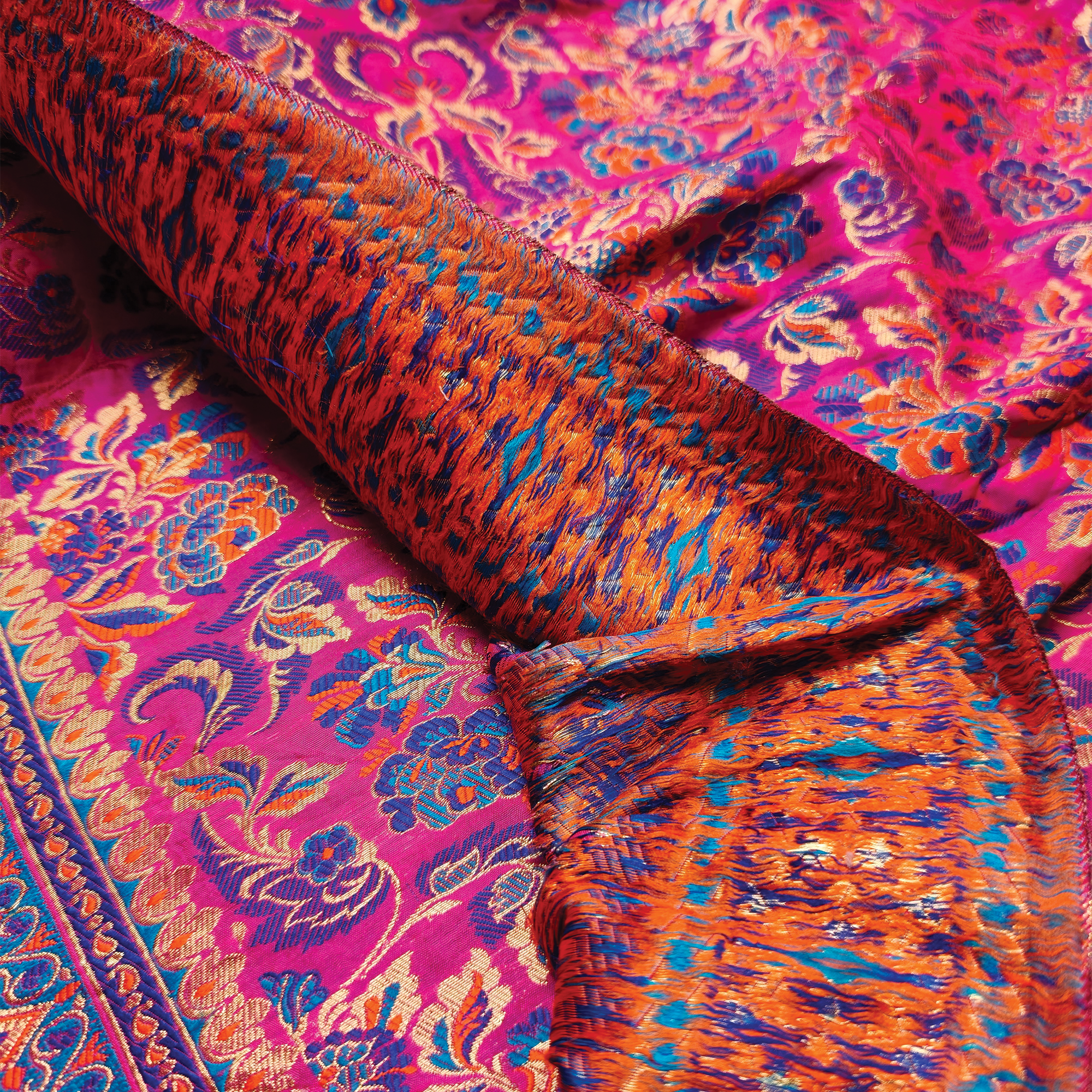 Gulistan – Satin Jamawar with Indigo Floral Borders
