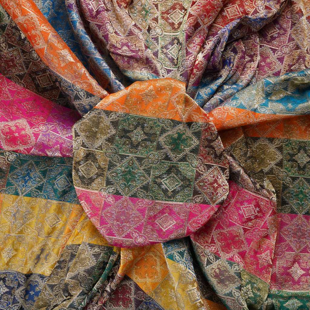 Rangmahal – Pure Katan Satin Multicolor Threads with Gold & Silver Zari (Limited Edition)