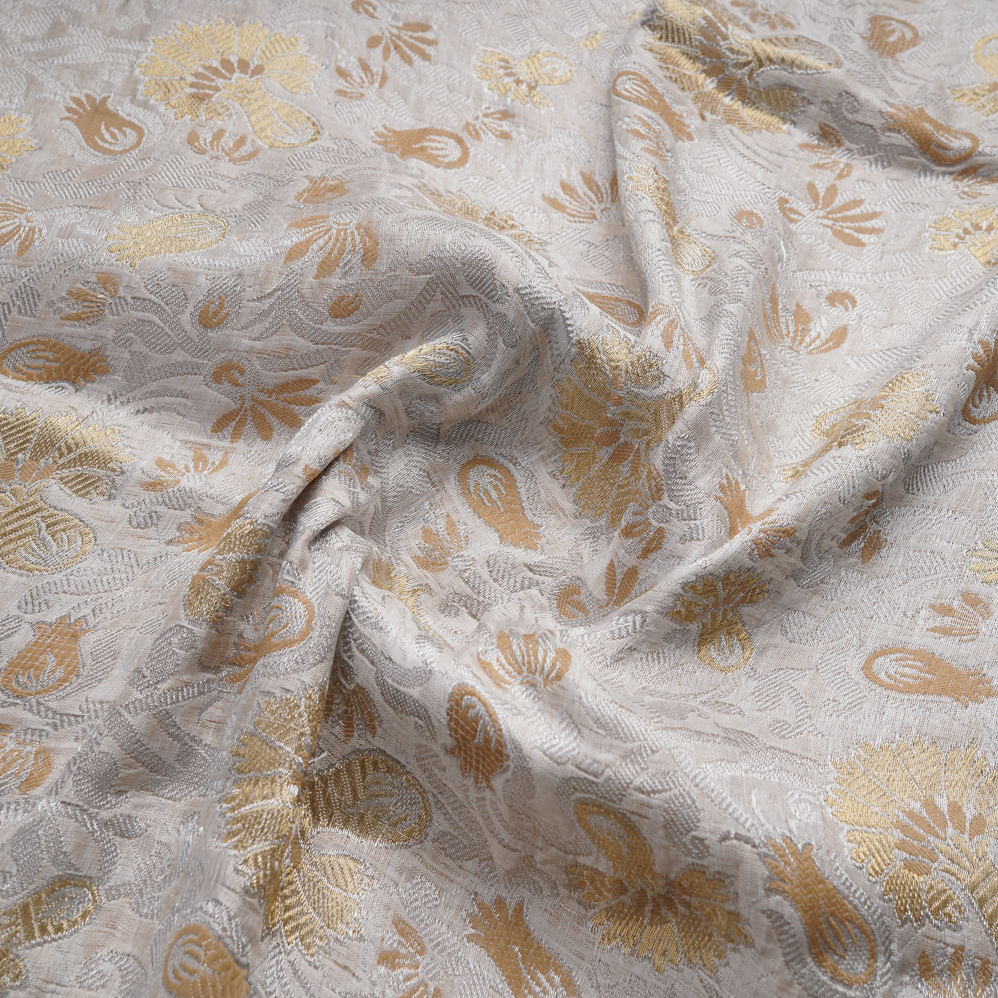Aangan-e-Shahi – Pure Katan Atlas (Mughal Pattern | 3-Color Thread | Golden & Silver Zari)