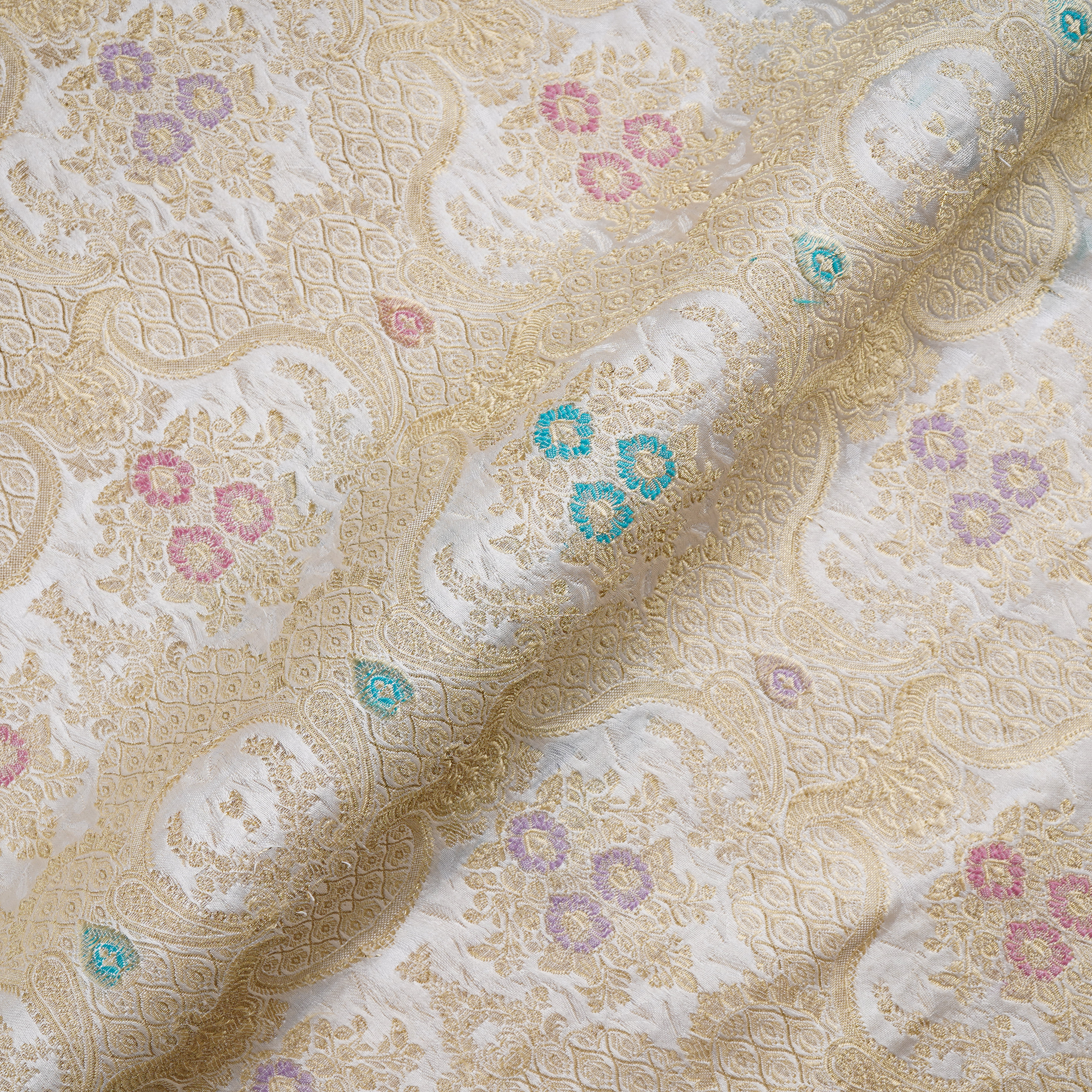 Baad-e-Nasim – Pure Katan Satin (5-Color Thread | Mughal Pattern with Golden Zari)
