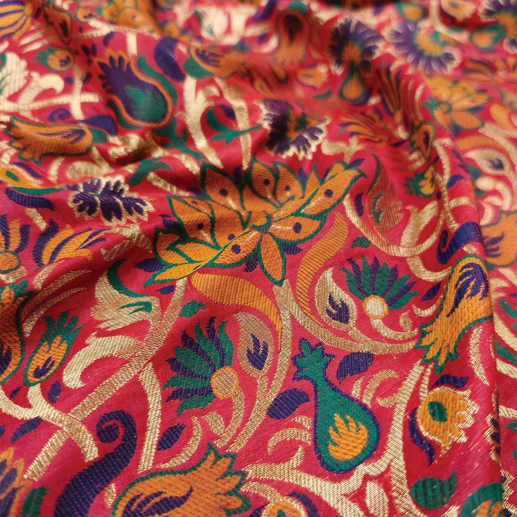 Lalzar-e-Gul – Satin Jamawar Kamkhwab with Floral Art Borders