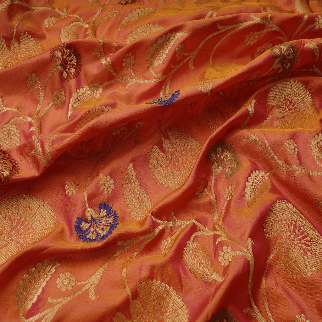 Gulbadan – Pure Indian Katan (Dual Tone | Floral Pattern | 4-Color Thread | Golden Zari) - Zahra Maham
