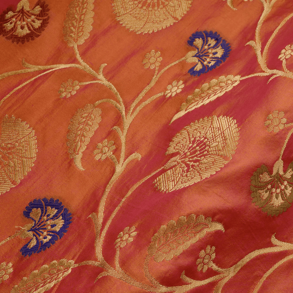 Gulbadan – Pure Indian Katan (Dual Tone | Floral Pattern | 4-Color Thread | Golden Zari) - Zahra Maham
