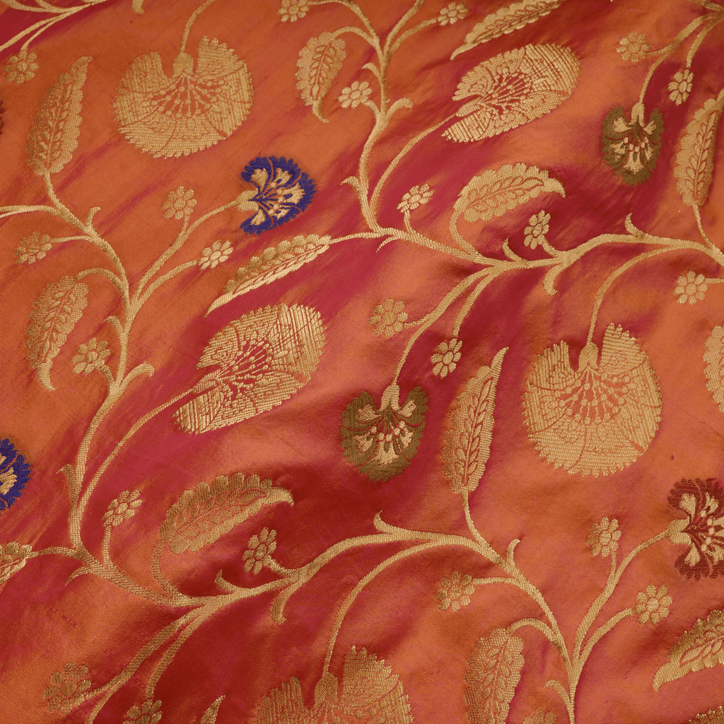 Gulbadan – Pure Indian Katan (Dual Tone | Floral Pattern | 4-Color Thread | Golden Zari) - Zahra Maham