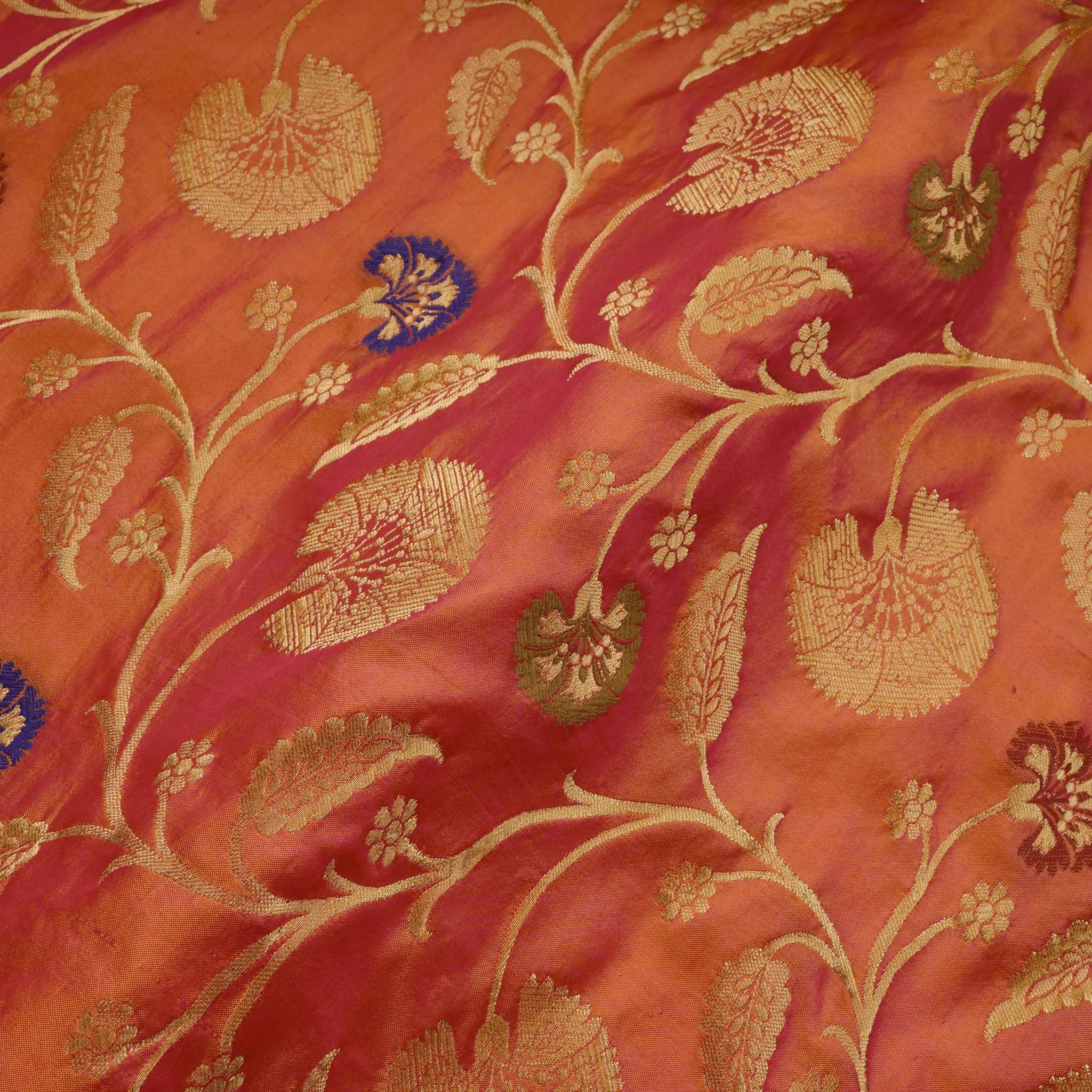 Gulbadan – Pure Indian Katan (Dual Tone | Floral Pattern | 4-Color Thread | Golden Zari) - Zahra Maham