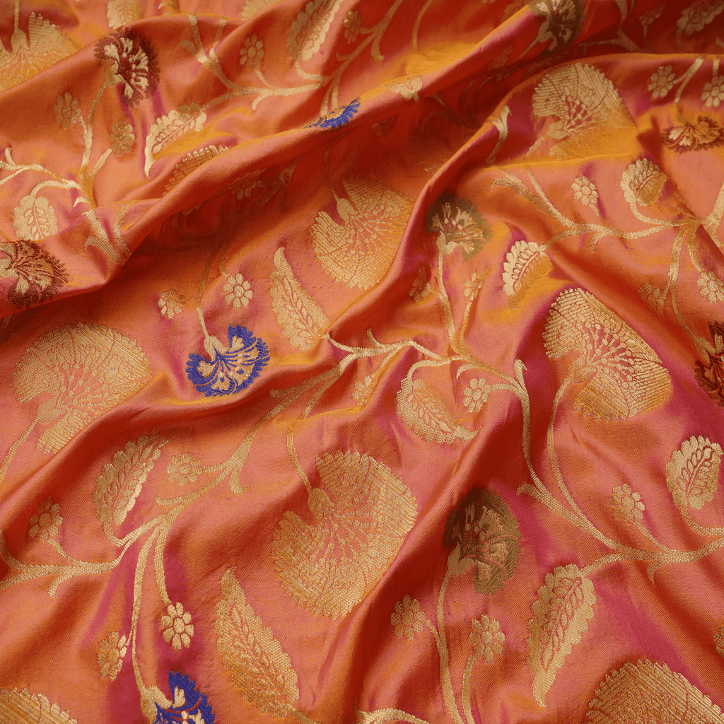 Gulbadan – Pure Indian Katan (Dual Tone | Floral Pattern | 4-Color Thread | Golden Zari) - Zahra Maham