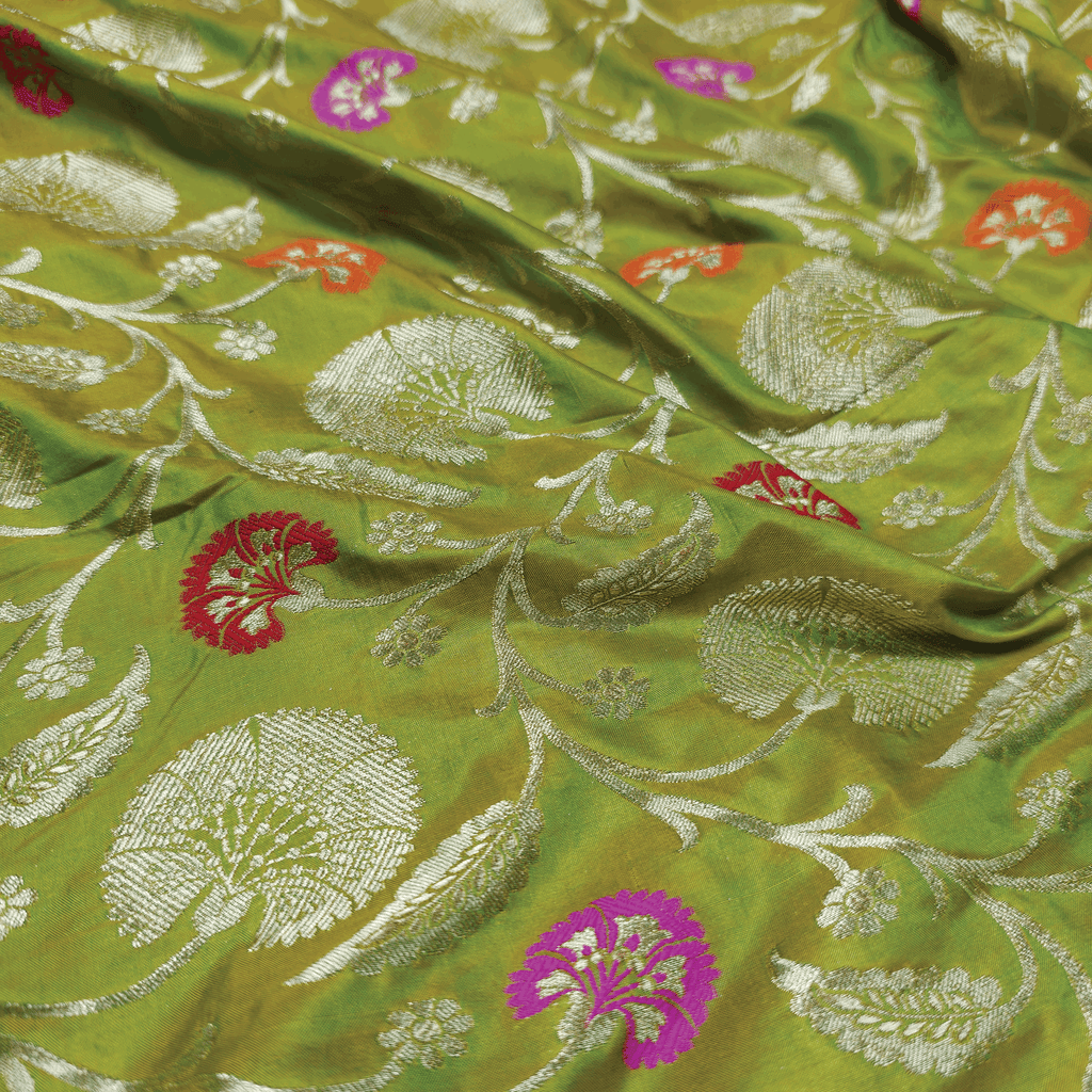 Guljaal-e-Khaalis (Green) – Pure Katan Silk Floral Jaal - Zahra Maham