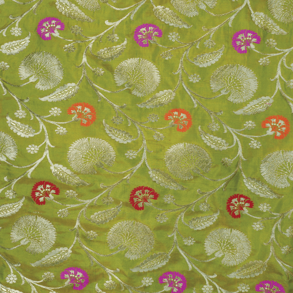 Guljaal-e-Khaalis (Green) – Pure Katan Silk Floral Jaal - Zahra Maham