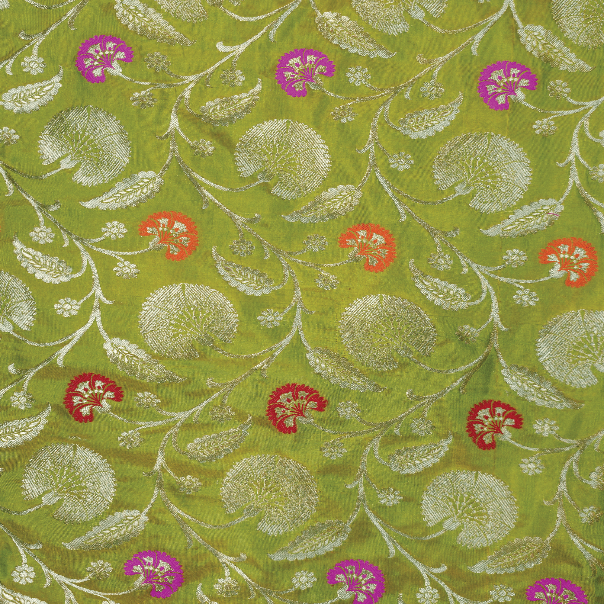 Guljaal-e-Khaalis (Green) – Pure Katan Silk Floral Jaal - Zahra Maham
