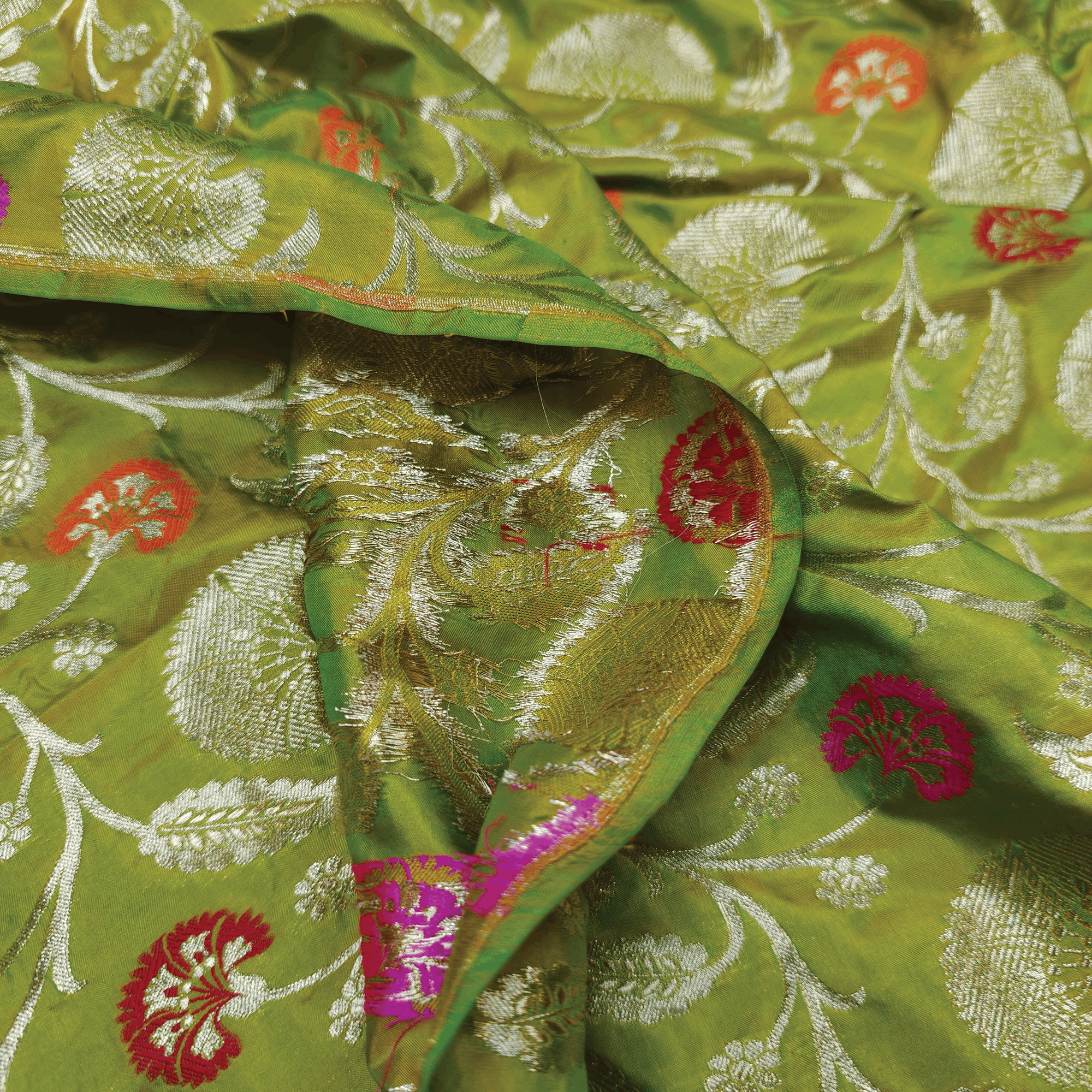 Guljaal-e-Khaalis (Green) – Pure Katan Silk Floral Jaal - Zahra Maham