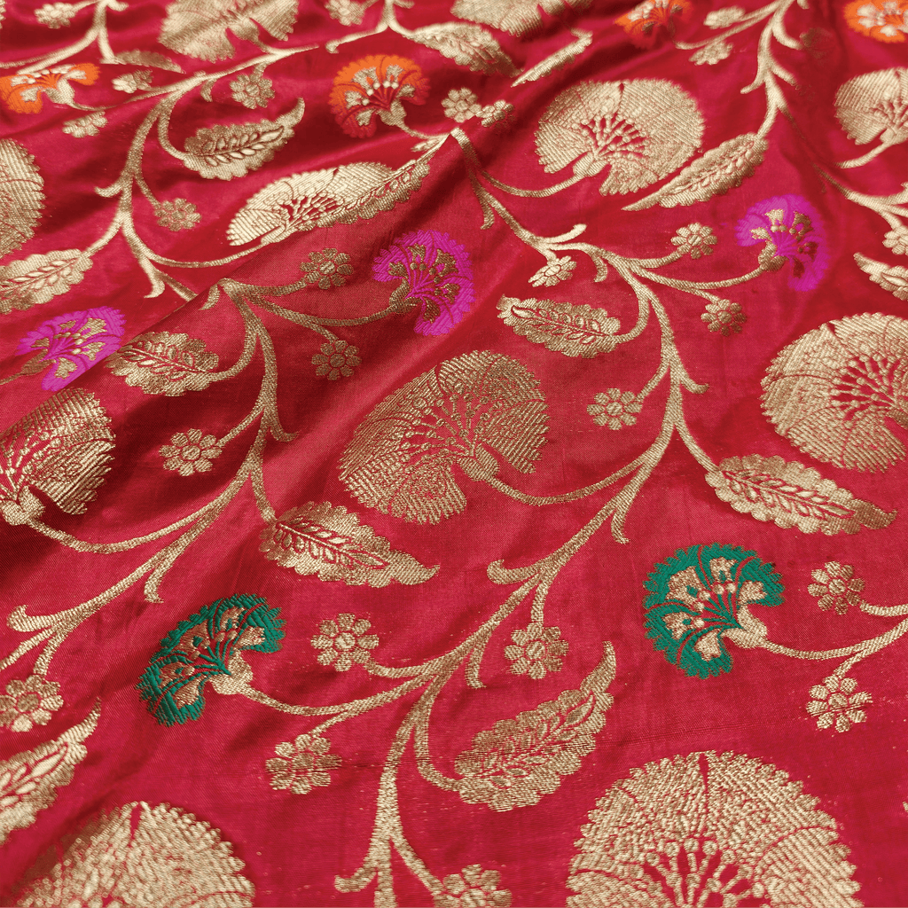 Guljaal-e-Khaalis (Red) – Pure Katan Silk Floral Jaal - Zahra Maham