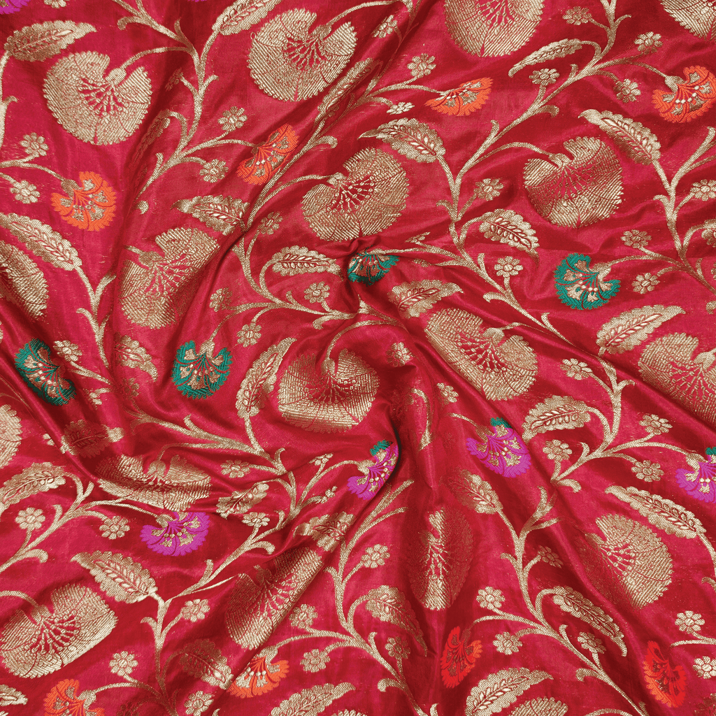 Guljaal-e-Khaalis (Red) – Pure Katan Silk Floral Jaal - Zahra Maham