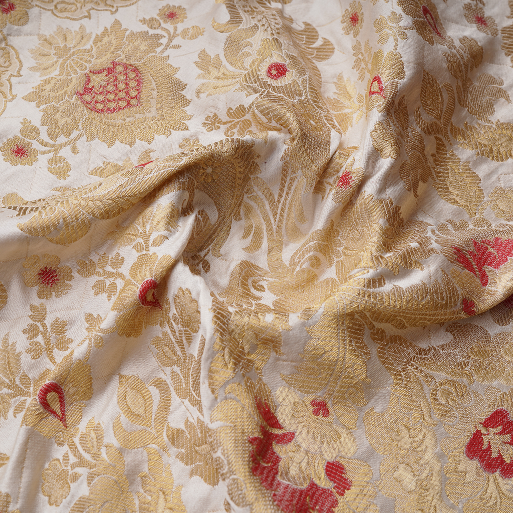 Taj-e-Naksh – Pure Katan Satin (3-Color Thread | Mughal Pattern with Golden Zari)