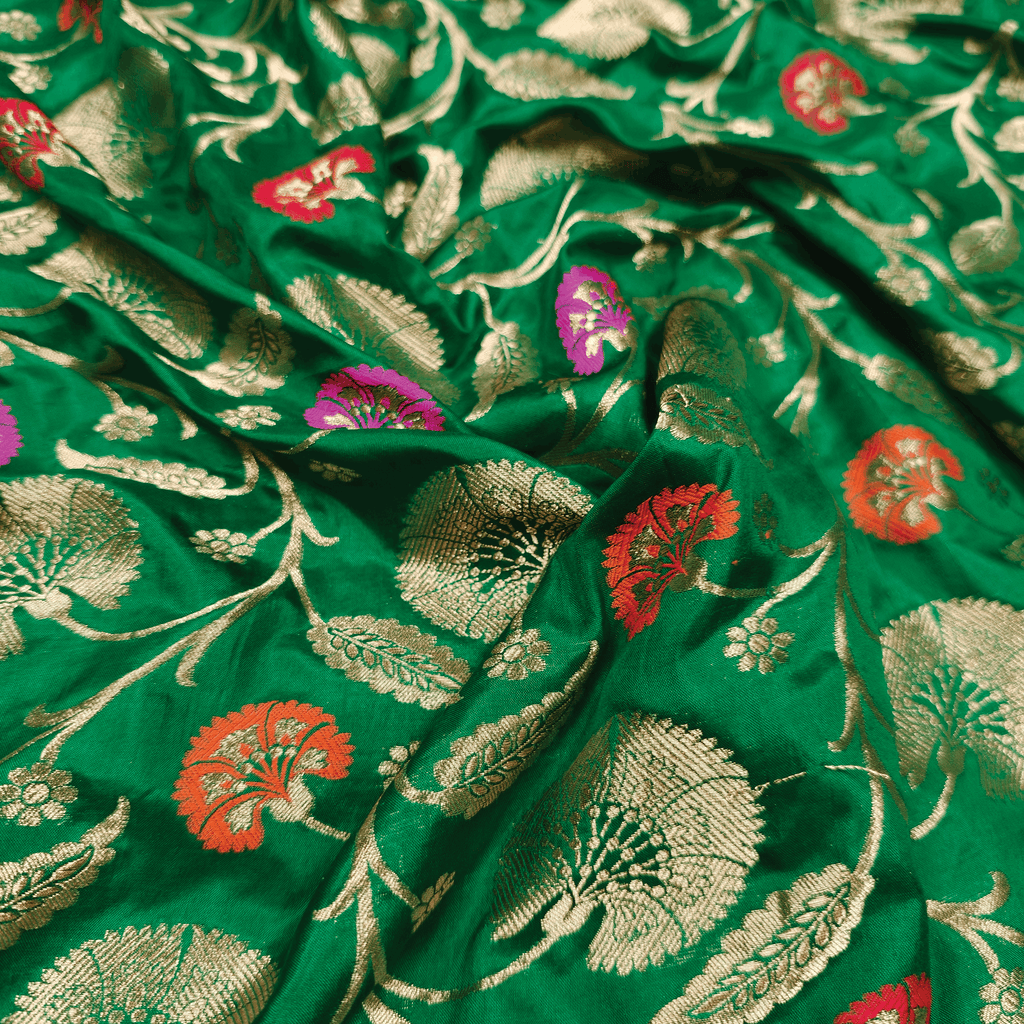 Guljaal-e-Khaalis (Dark Green) – Pure Katan Silk Floral Jaal
