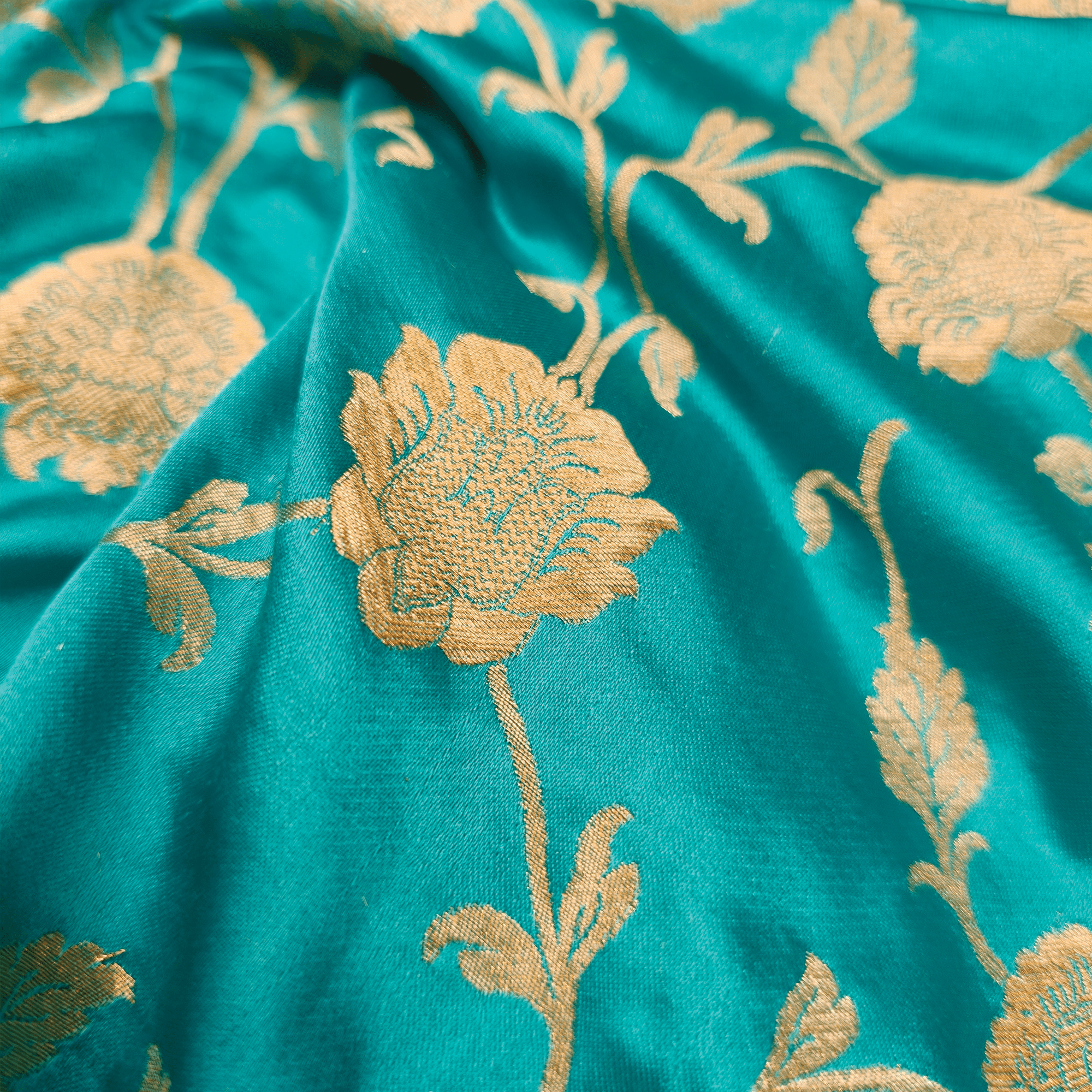 Lams-e-Noor – Pure Katan Satin Silk Floral Jaal Fabric - Zahra Maham