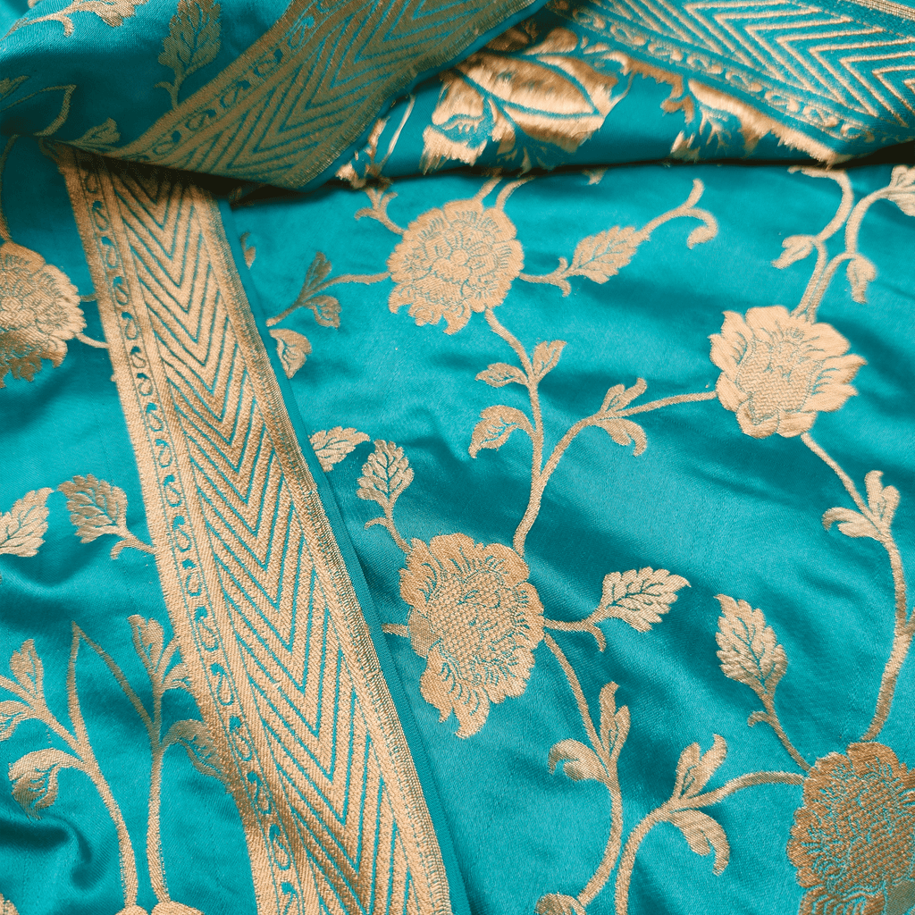 Lams-e-Noor – Pure Katan Satin Silk Floral Jaal Fabric - Zahra Maham